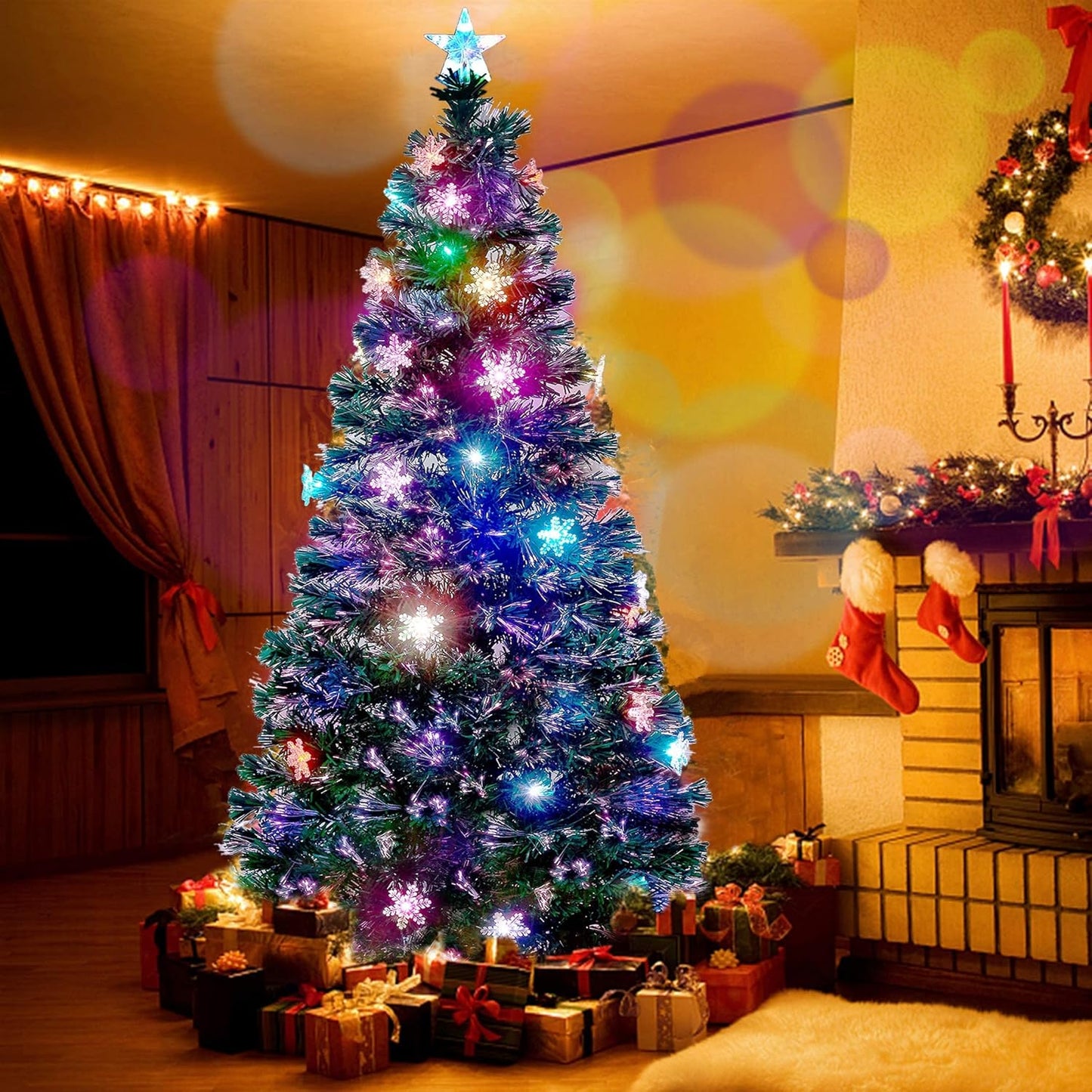 Juegoal 7 ft Pre-Lit Optical Fiber Christmas Artificial Tree, with LED RGB Color Changing Led Lights, Snowflakes and Top Star, Festive Party Holiday Fake Multicolor Xmas Tree with Sturdy Metal Legs