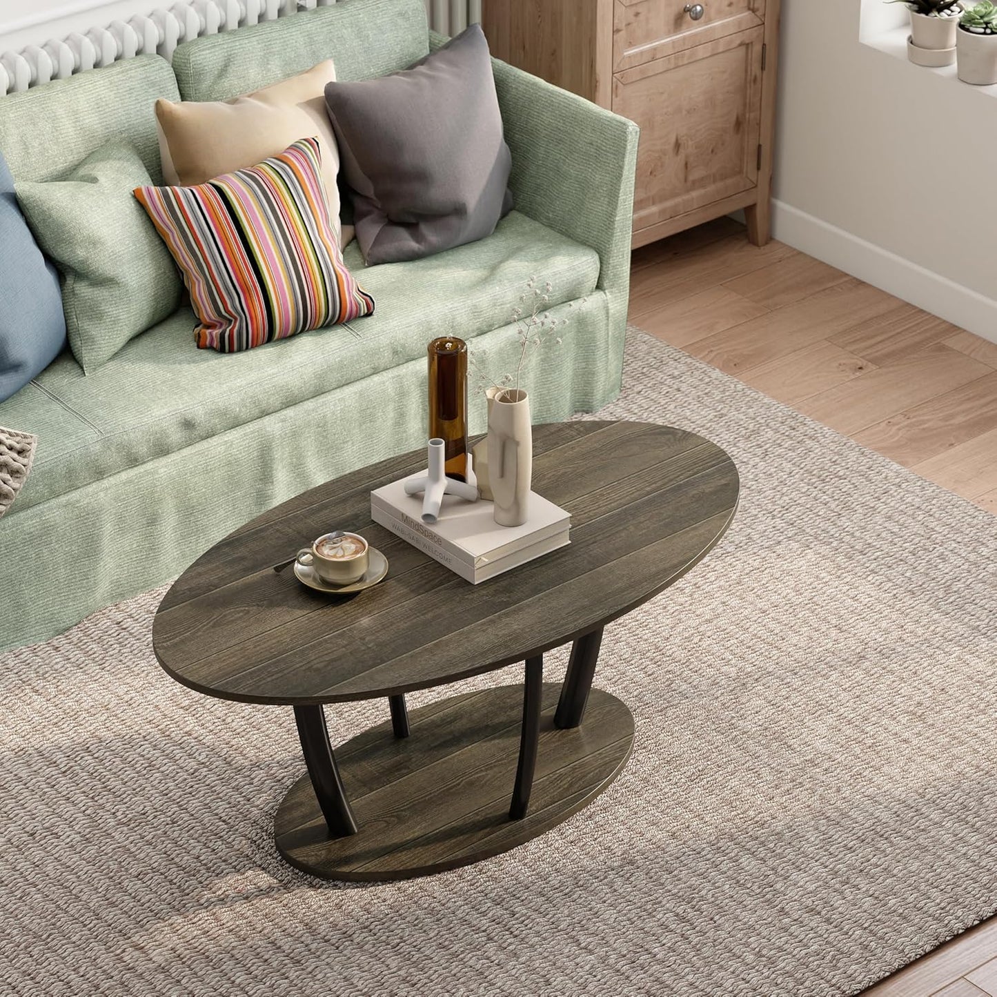 Manora Small Oval Coffee Table with Storage, Rustic Farmhouse Industrial Center Table for Living Room, VintageTea Table for Small Spaces, Gray