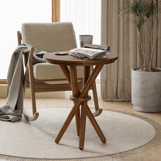 Round Wood End Table Farmhouse Wooden Side Table Rustic Plant Stand with Bundled Legs for Living Room, Office, Walnut