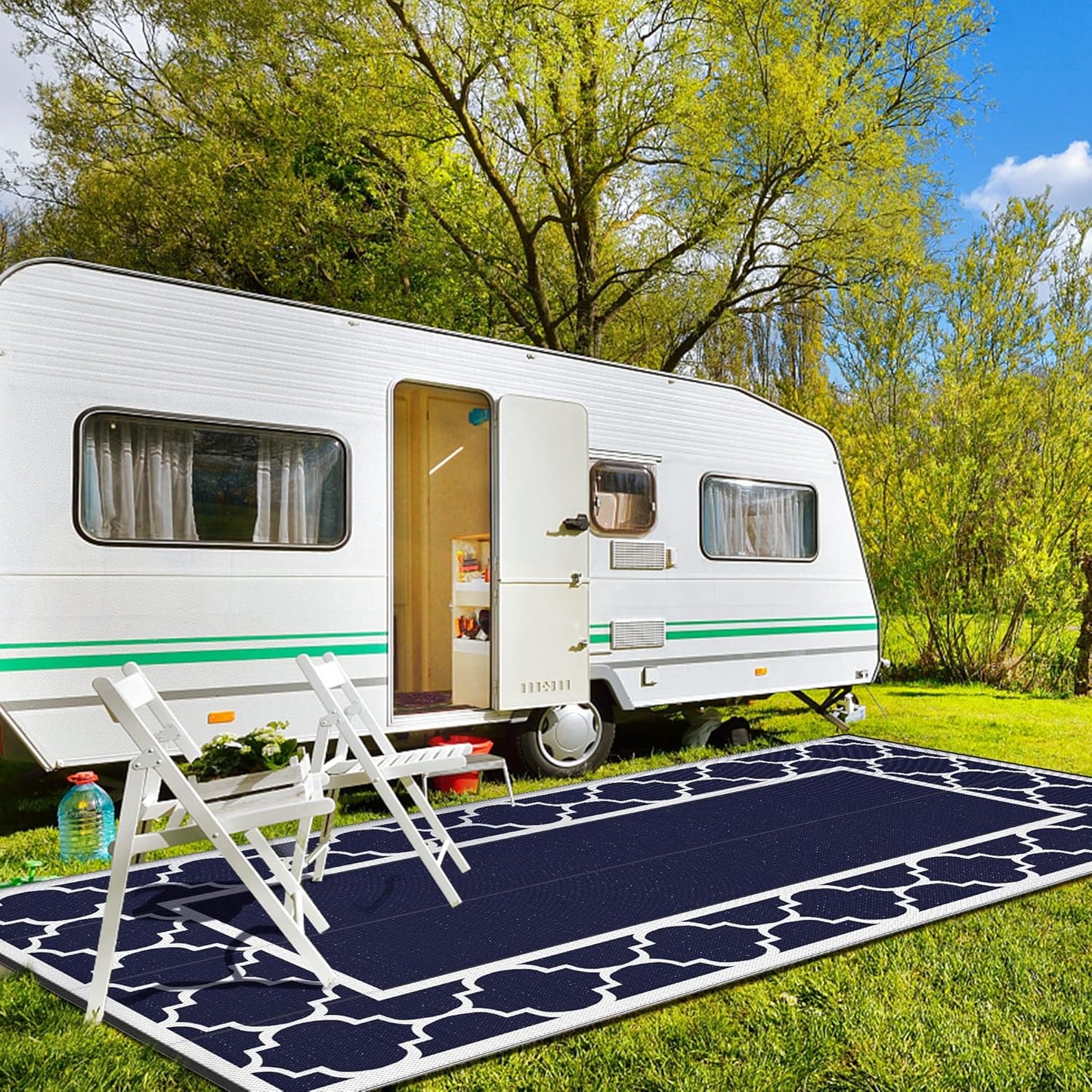 GENIMO 9' x 18' Outdoor Rug Waterproof for Patio, Foldable Reversible Plastic Straw Area Rugs Mat for Rv Decor, Outside Carpet for Camper, Deck, Picnic, Beach, Balcony, Porch, Blue & White