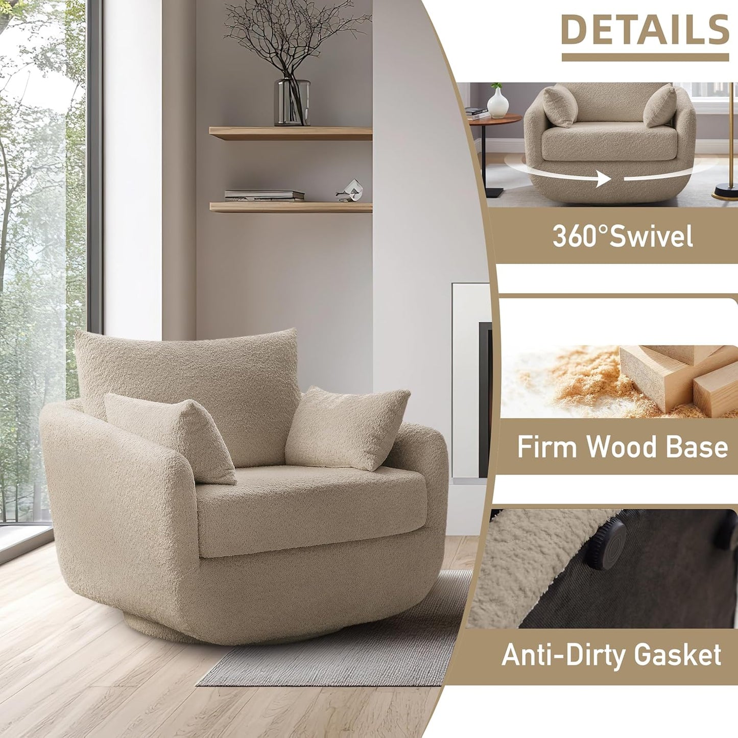 360° Swivel Accent Armchair, 39.3" Oversized, Sherpa Boucle Fabric Sofa Chair with Removable Back & Arm Pillows, Swivel Chair with Cozy Soft Padded, No Assembly Required (1, Camel)