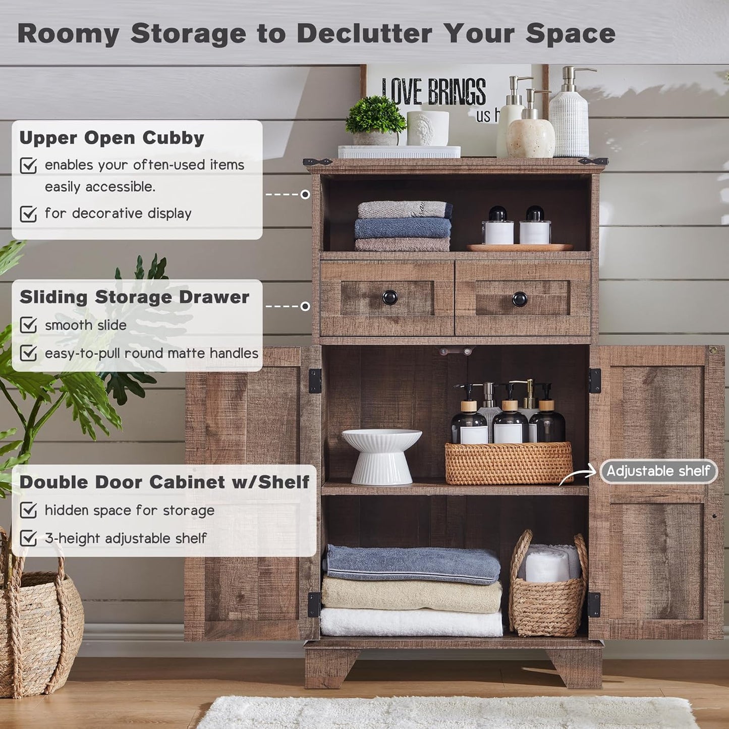 Bathroom Floor Cabinet, Farmhouse 24" Wide Cabinet with Drawer, Adjustable Shelf, Barn Doors, Cabinets for Bathroom, Kitchen, Living Room, Rustic Brown