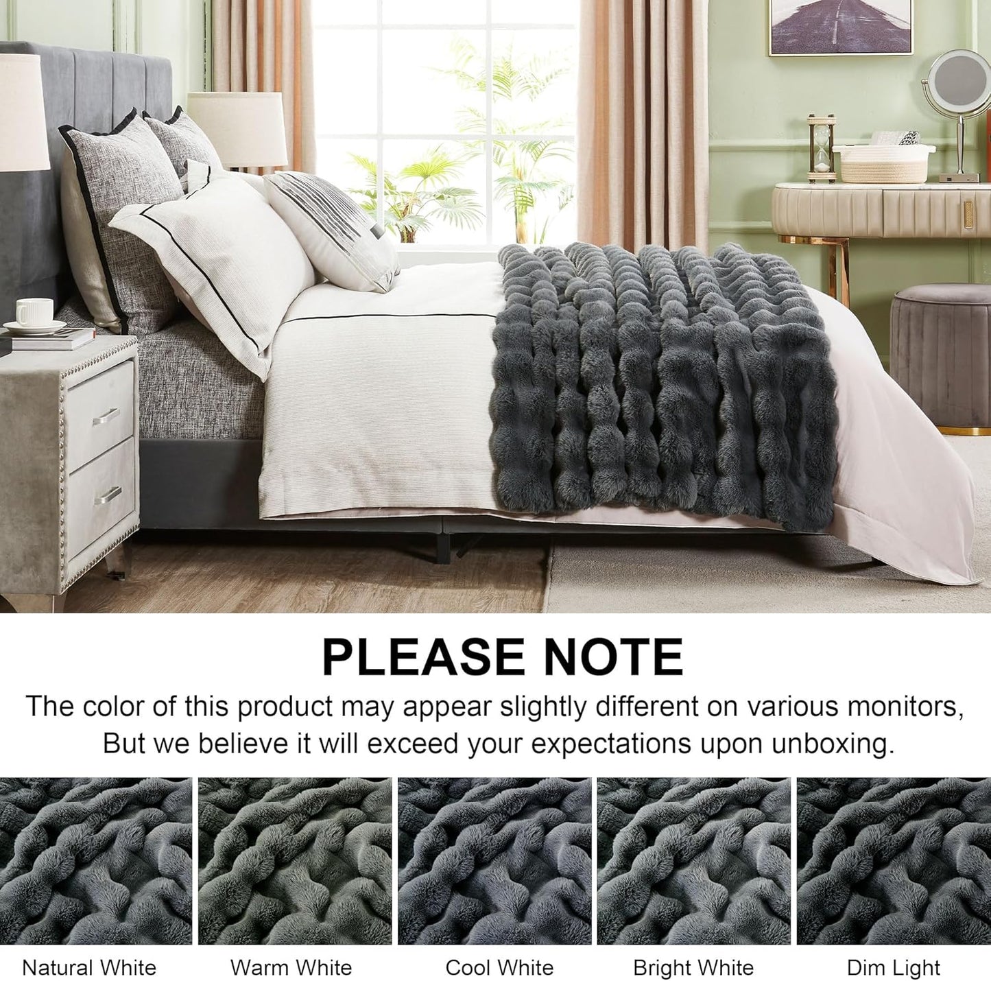 DREAMNINE Soft Fuzzy Bubble Faux Rabbit Fur Throw Blanket for Couch 50" x 60", Double Sided Long Shaggy Thick Warm Fluffy Blankets for Winter, Decorative Luxury Gray Cozy Plush Cute Furry Blanket,Grey