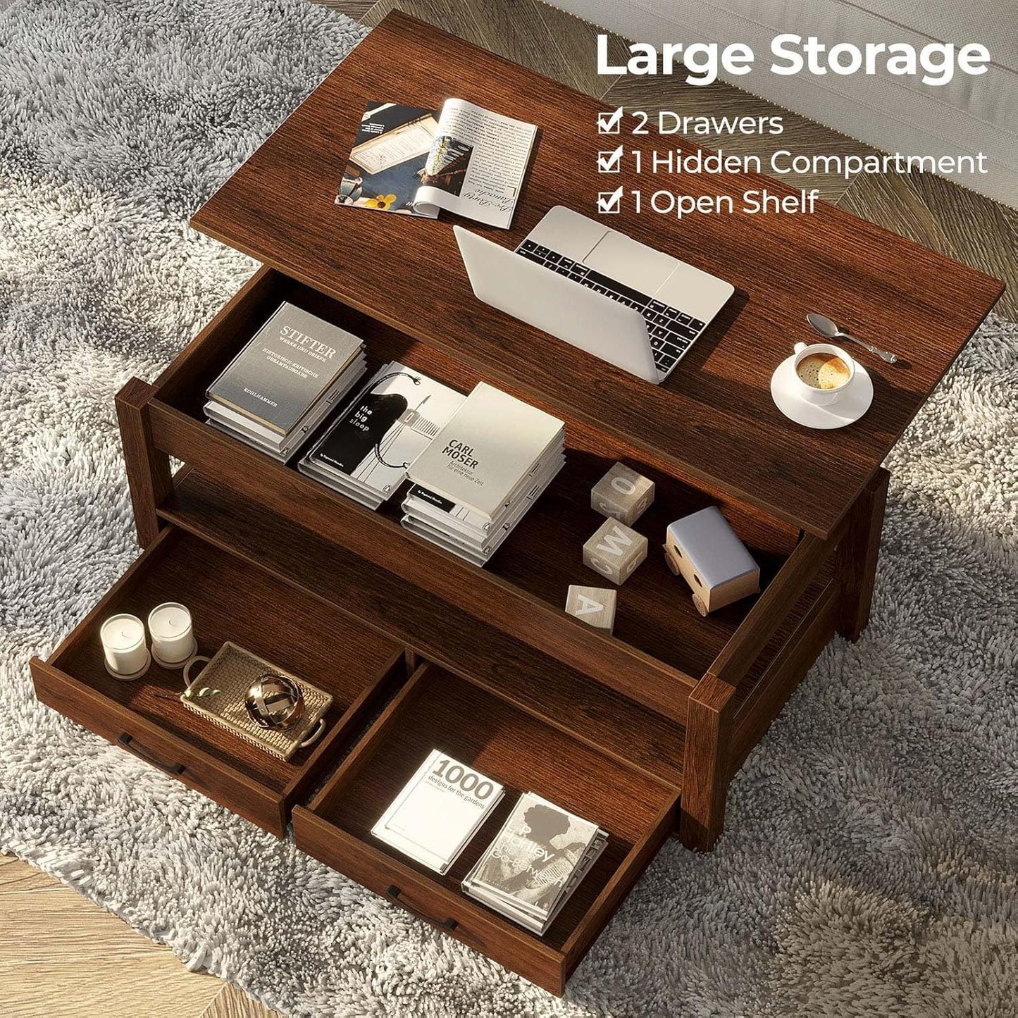 Rolanstar Coffee Table, Lift Top Coffee Table with Drawers and Hidden Compartment, Retro Central Table with Wooden Lift Tabletop, for Living Room,Espresso