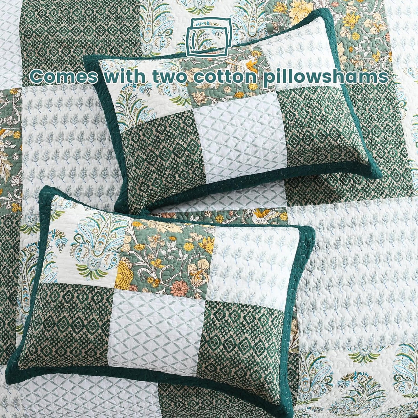 Secgo King Size Comforter Set- 100% Cotton Quilt King Size Set, Green, Emerald, bedspreads (98 * 106 Inch) with 2 Pillow Shams, Patchwork Reversible Lightweight Bedding