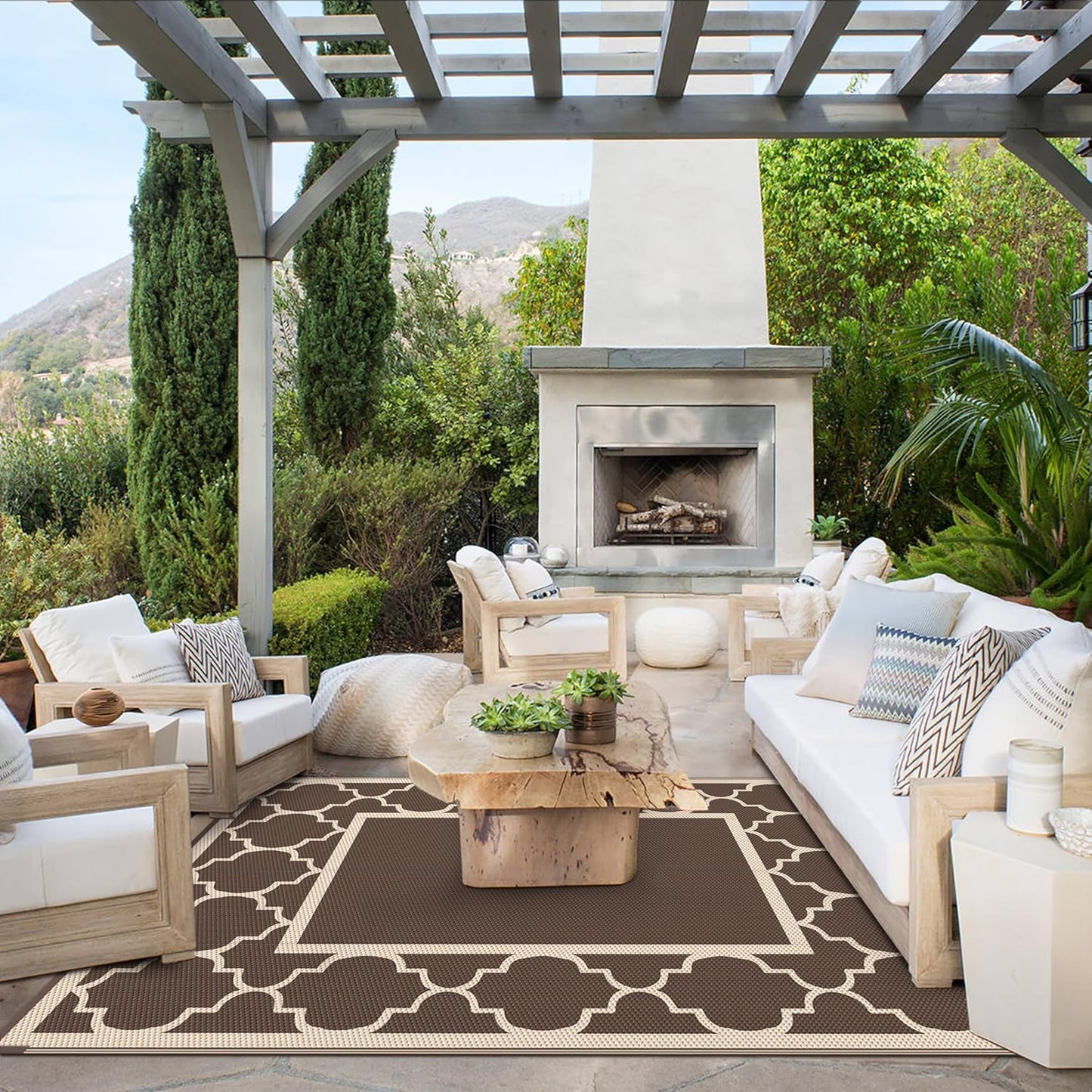 GENIMO Outdoor Rug 8' x 10' Patio Waterproof, Foldable Reversible Plastic Straw Area Rugs Mat for Camper Decor, Outside Carpet for Rv, Deck, Porch, Picnic, Beach, Balcony, Coffee & Beige