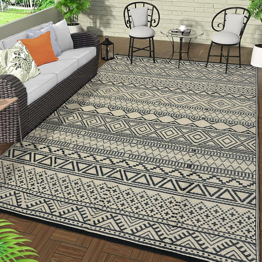 GAOMON Outdoor Rugs Patio Camping Waterproof Rug 6'x9' Plastic Straw Patio Rug Portable for Campers, Outside RVs Mat for Patios Clearance, Backyard Porch, Balcony, Black/Coffee(Bohemia)