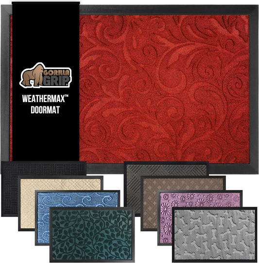GORILLA GRIP 100% Waterproof All-Season WeatherMax Doormat 35x23, US Designed Natural Rubber, Stain and Fade Resistant, Low Profile Indoor Outdoor Door Mats, Easy Clean Patio Mat, Red Vintage Wine