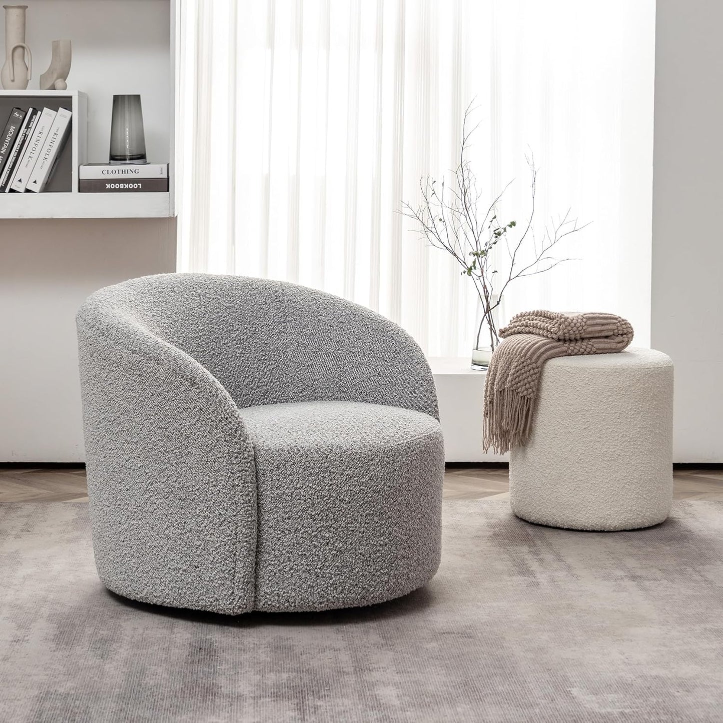 KINWELL 34" Boucle Swivel Barrel Chair with 18" Round Ottoman Set, Fully Assembled Set of Sherpa Accent Chair and Footrest, Modern Comfy Armchair and Footstool for Living Room and Bedroom, Black White