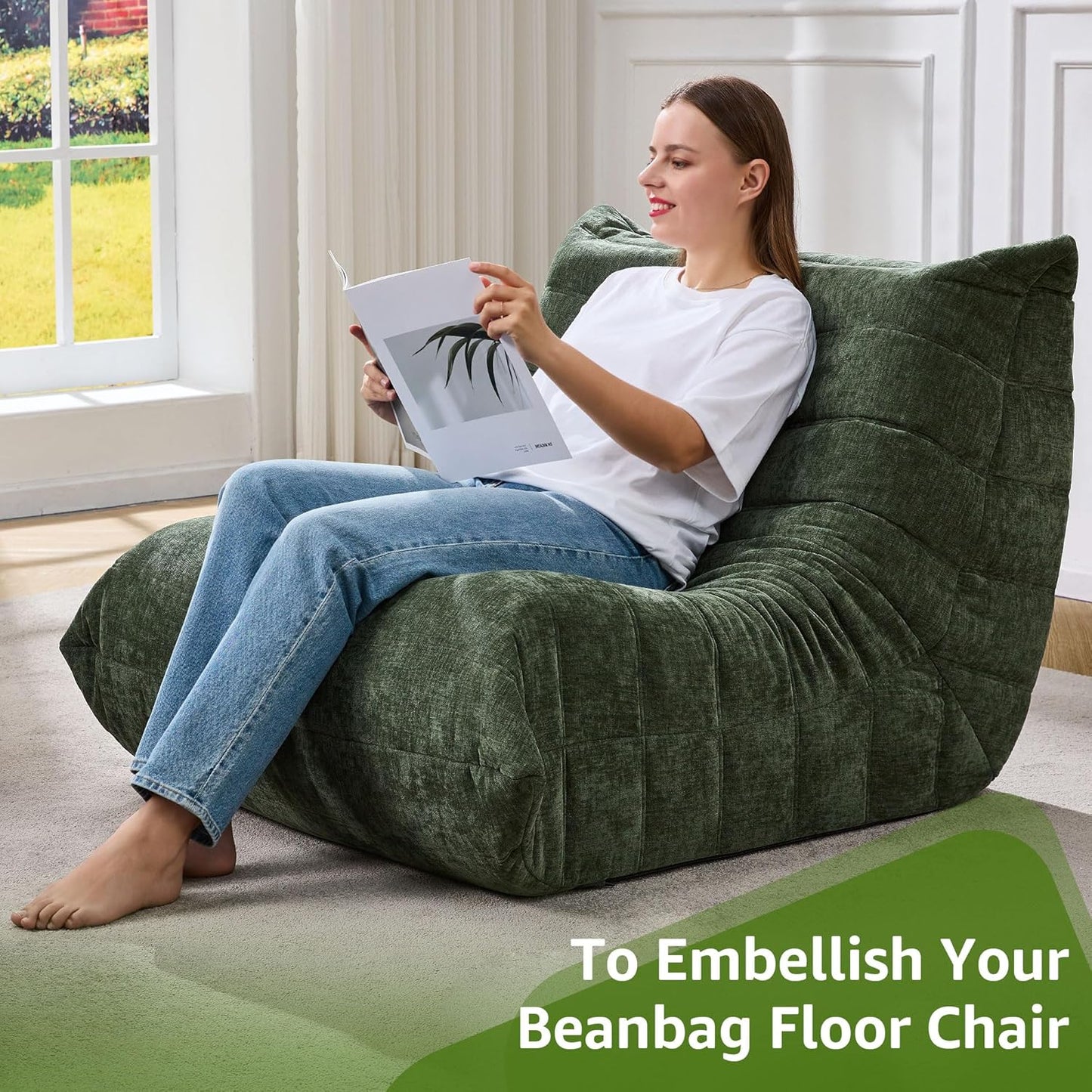 Bean Bag Chairs for Adults Giant Bean Bag Chair Memory Foam BeanBag Chair Big Bean Bag Sofa with Filler Faux Fur Fireside Beanbags Lazy Sofa for Living Room Bedroom Dorm Office (Green Chenille)