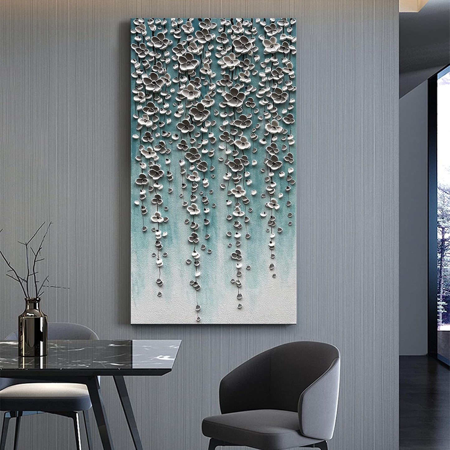 Epicler Large-Scale Oil Painting on Canvas Wall Art,46x23 inches Hand-Painted White Flower Wall Painting, Abstract Canvas Wall Art for Home Wall Decoration