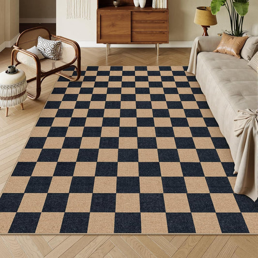 Lahome Checkered Easy Jute Carpet, Washable Area Rug 6x9 Neutral Outdoor Patio Rug, Farmhouse Checkerboard Non Slip Non Shedding Floor Carpet for Dining Living Room Deck Sunroom