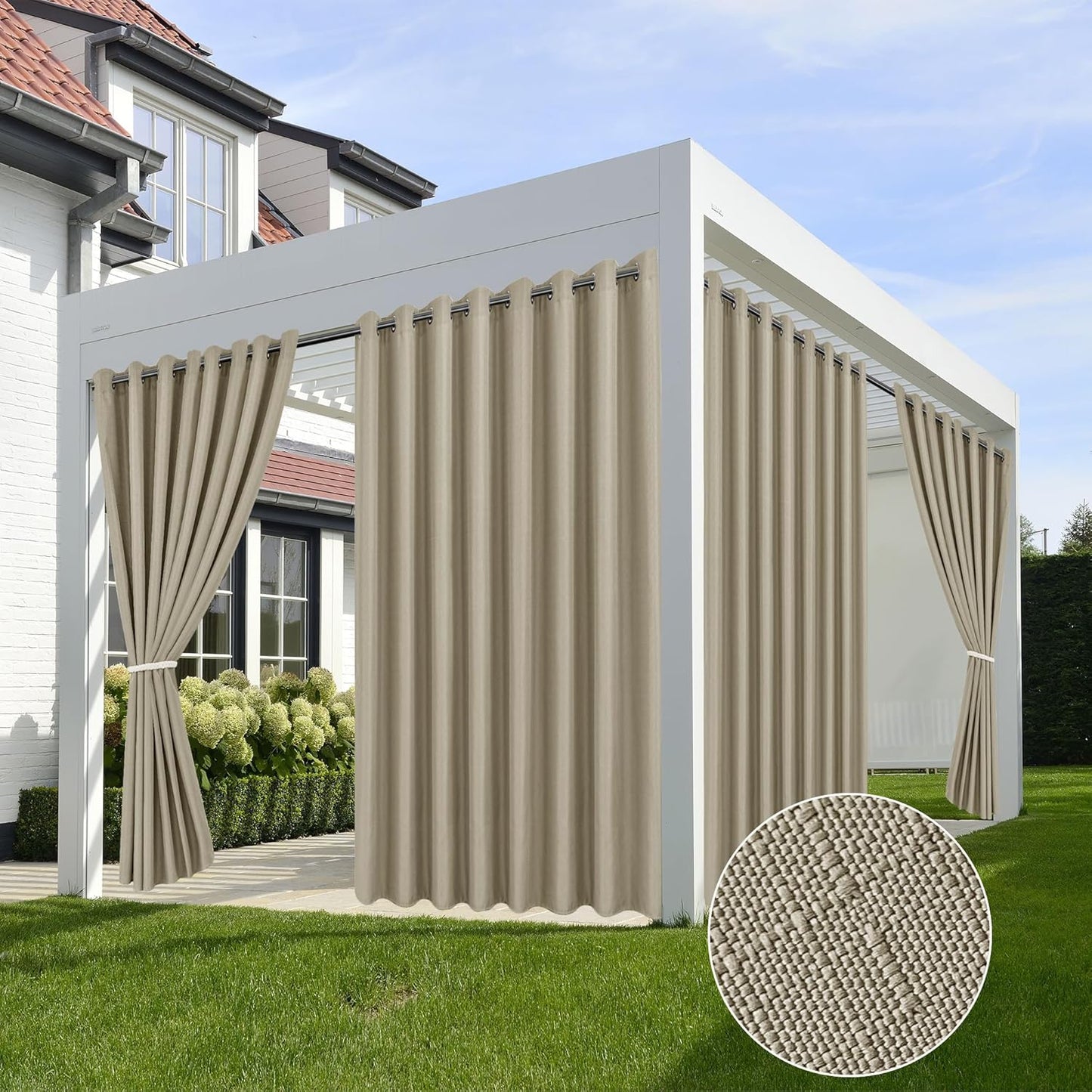 HolidayIdeas 4 Panels Linen Outdoor Curtains for Patio Waterproof Taupe Outside Curtains 110"x95"-Gazebo Wide Curtains Weighted Weatherproof, Privacy for Pergola, Porch, Cabana, Deck, Sunroom
