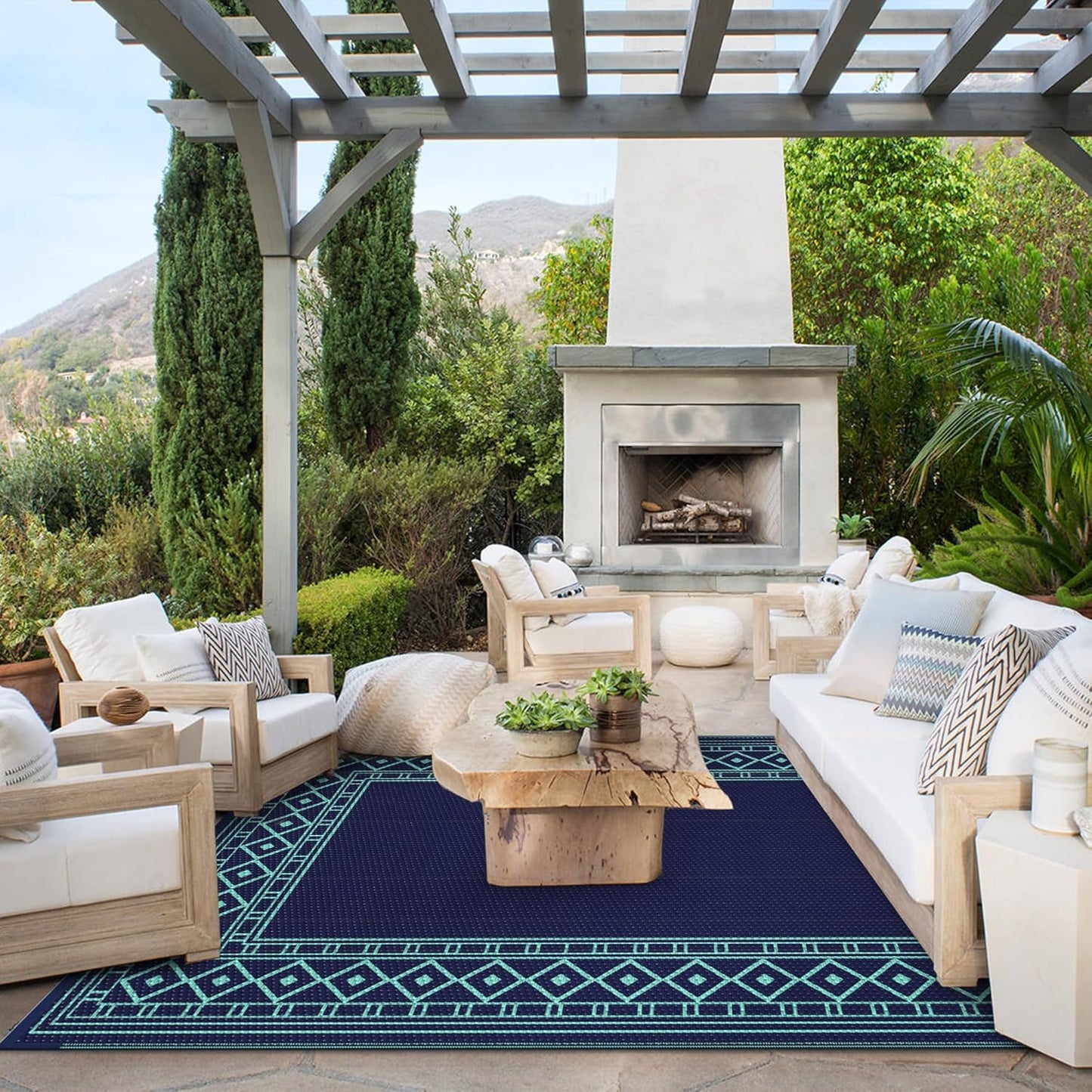 GENIMO Outdoor Rug Waterproof 5'x8' for Patio, Foldable Reversible Plastic Straw Carpet for Travel Trailers, Outside Area Mat for Rv, Deck, Picnic, Porch, Balcony, Beach, Navy Blue & Jade Green