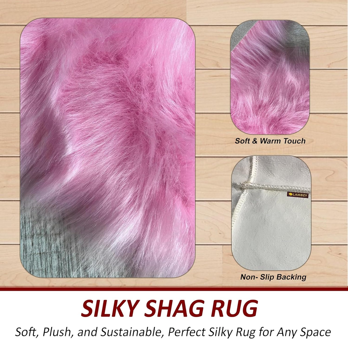 LAMBZY Faux Sheepskin Super Soft Hypoallergenic Free Shape Silky Shag Rug, Luxury Shaggy Plush Carpet for Bedrooms Living Kids Room Sofa Rugs (Pink, Single 2'x3')