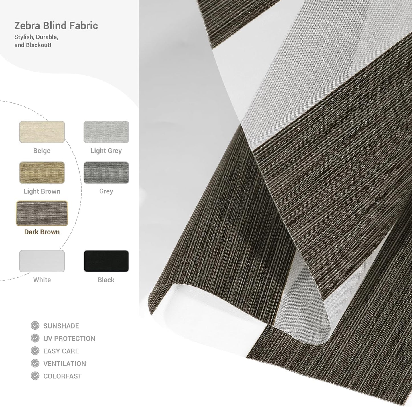 Cordless Zebra Blinds for Windows, Blackout Interior Blinds,Easy to Install,UV Protection,for Offices and Home,Custom Roller Shades, Mousse Dark Bown,45" W x 56" H