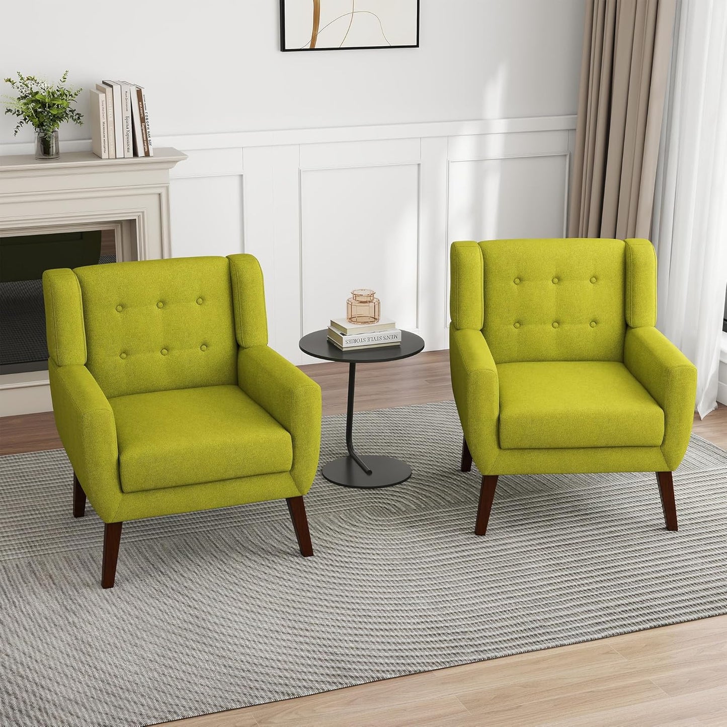 UIXE Accent Chair, Modern Upholstered Armchair in Fabric for Living Room, Comfy Club Arm Chairs Single Sofa Button Tufted Bedroom Reading Seat - Green, Set of 4