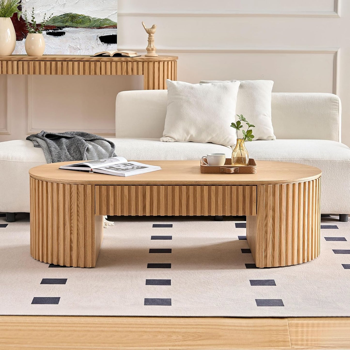 51.18'' Oval Coffee Table for Living Room Fluted Center Table with Drawer, Mid Century Modern Coffee Tables, Easy Assembly for Office Storage Tea Table Oak
