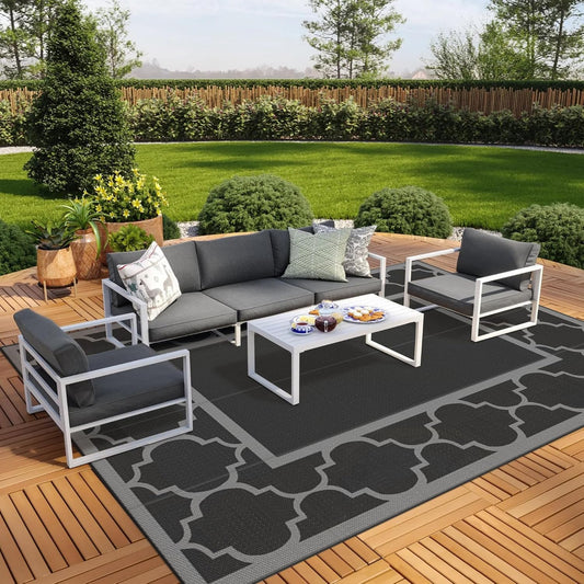 GENIMO 10 ' x 14 ' Outdoor Rug Waterproof for Patio Decor, Foldable Reversible Plastic Straw Area Rugs Mat for Camper, Outside Carpet for Rv, Deck, Porch, Picnic, Beach, Balcony, Black & Grey