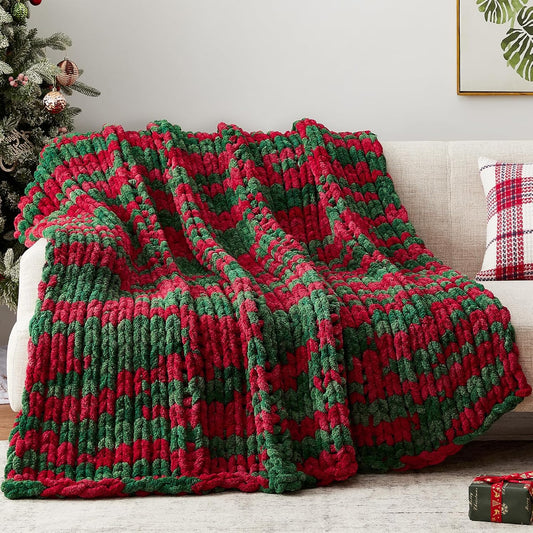 Chunky Knit Throw Blanket, 30''*40'' Knitted Throw Chenille Yarn for Bed Couch, Handmade Stripe Crochet Big Thick Blanket, Machine Washable Cute Comfy Blanket for Home Decor