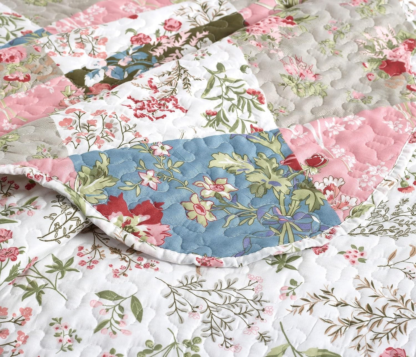 Brilliant Sunshine Peach and Olive Flowers Patchwork, 2-Piece Quilt Set with 1 Sham, Reversible Bedspread, Soft Lightweight Coverlet, All-Season, Twin, Peach Olive