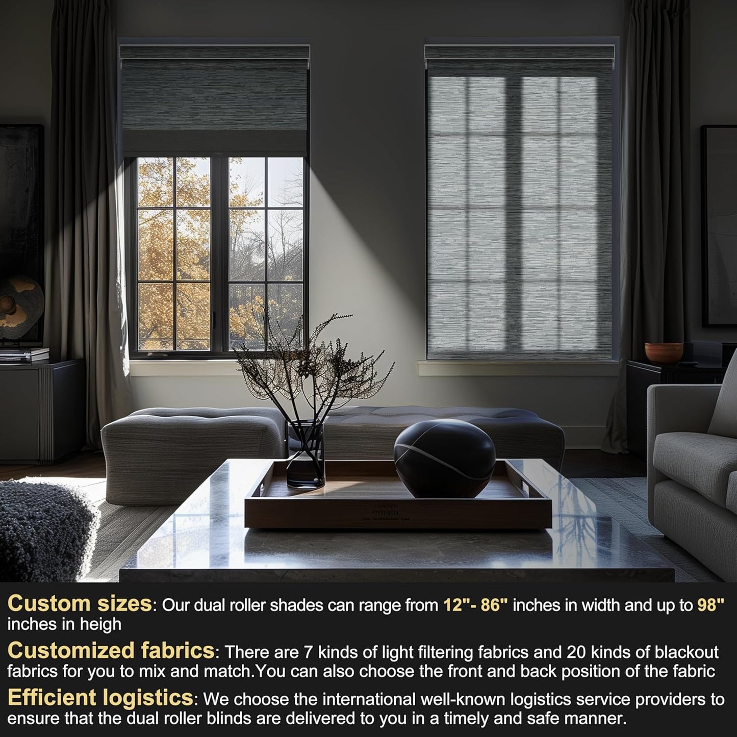 BERISSA Cordless Dual Roller Shades with Cassette Valance,Double Window Shades Blackout and Light Filtering Shades,Day and Night Roller Shades for Home Office Door.Striped Jacquard Grey.32 W x 48" H