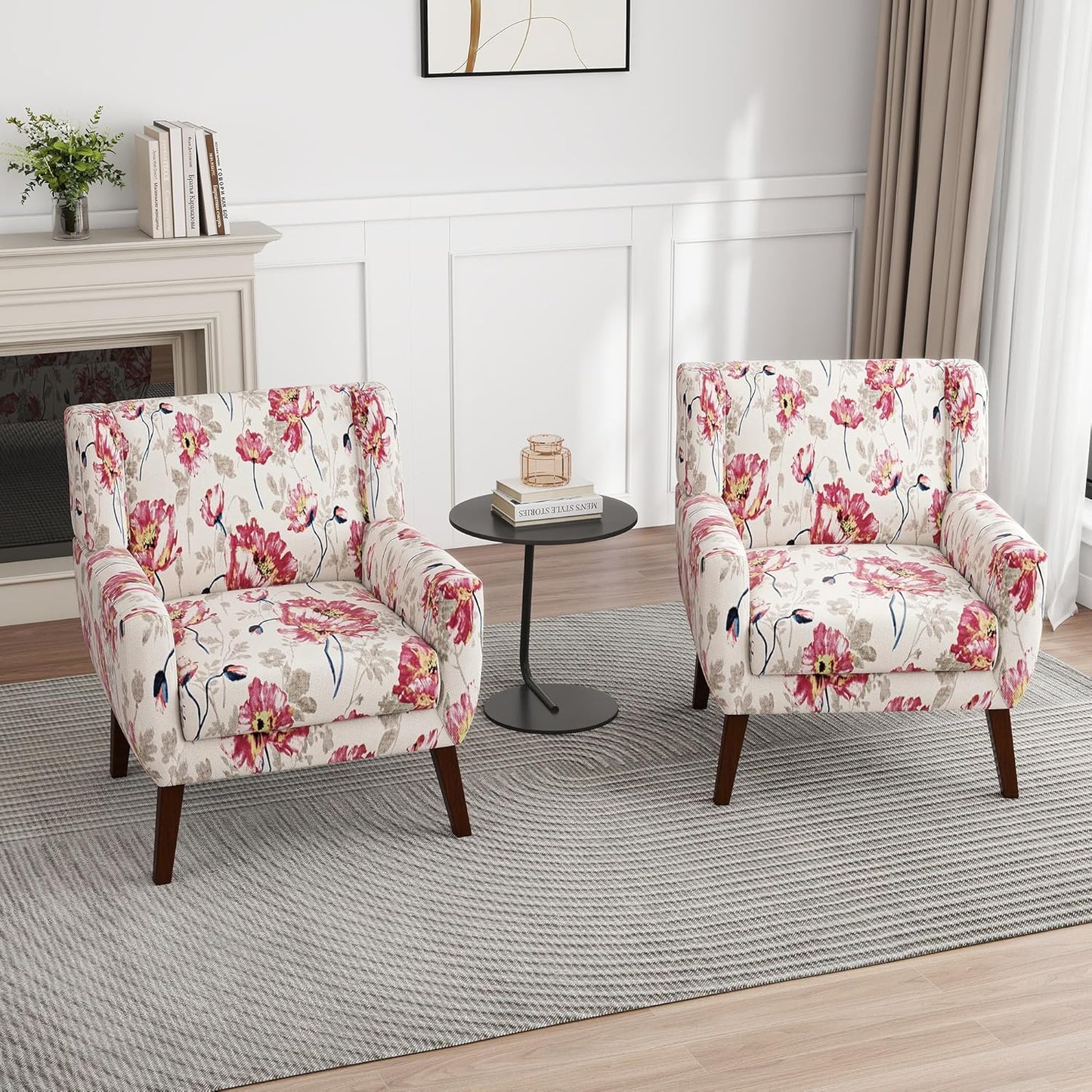 UIXE Floral Accent Chair, Modern Upholstered Armchair in Fabric for Living Room, Comfy Club Arm Chairs Single Sofa Button Tufted Bedroom Reading Seat - Pattern White, Set of 1