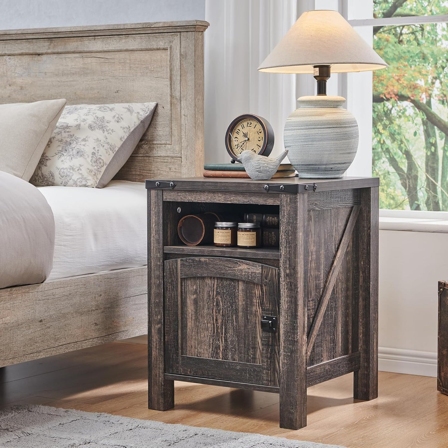 OKD Nightstand with Charging Station Set of 2, 18 Inchs Farmhouse End Table with Adjustable Storage Shelf, Rustic Wood Sofa Side Table for Bedroom