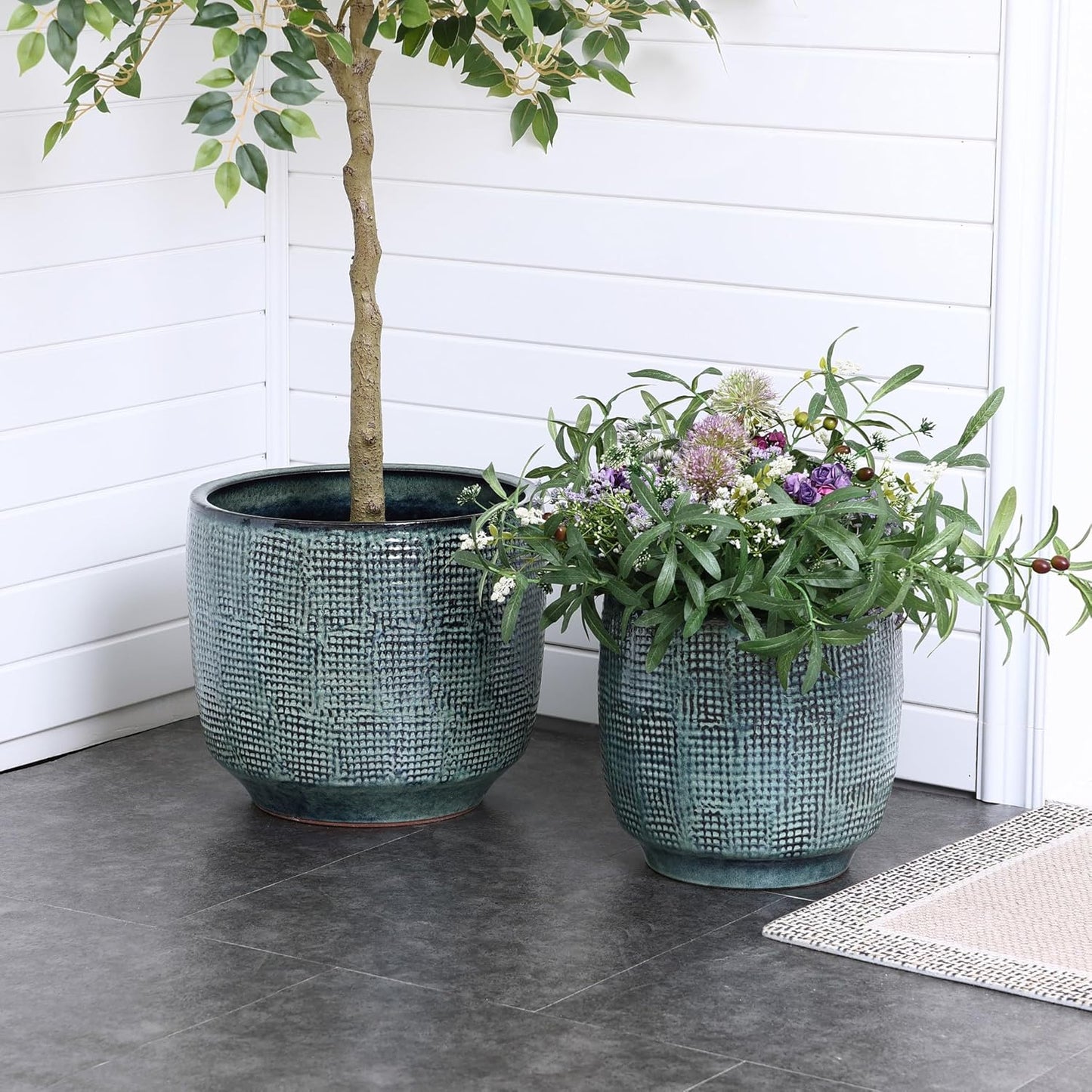LuxenHome 15.5" Dia Large Ceramic Pots for Plants, Modern Green Glazed Planters for Outdoor Plants, Round Indoor Flower Pots with Drainage Hole and Rubber Plug for Home Garden Patio
