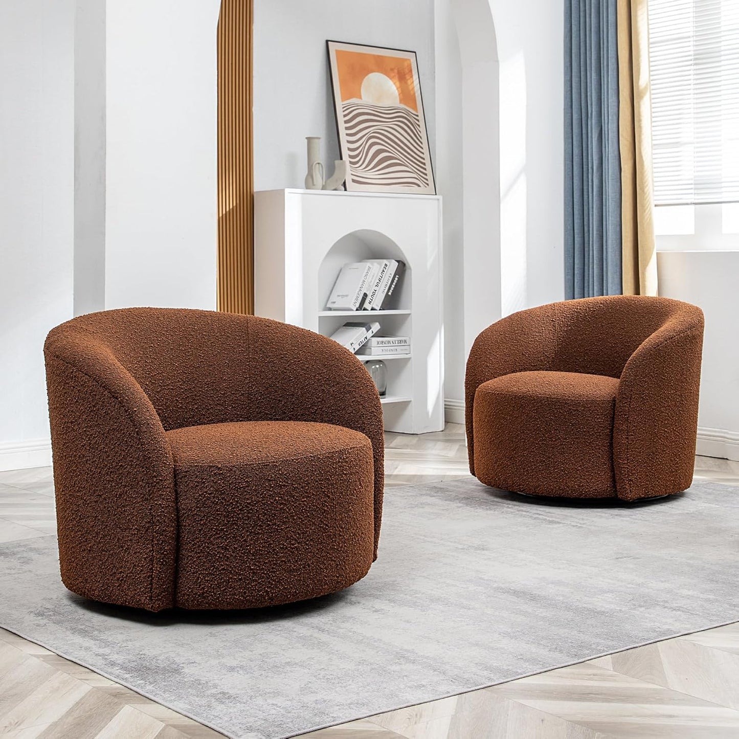 KINWELL 34" W Swivel Barrel Chair Set of 2, Mid Century Modern Round Upholstered Boucle Swivel Accent Chairs, No Assembly Sofa Chair for Living Room Bedroom Reading, Brown