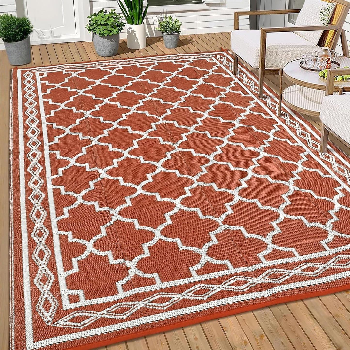 GAOMON Outdoor Plastic Straw Rug, 10'x14' Reversible Sage Green Patio Mat, Flower Modern Design for RV, Backyard, Deck, Camping, Picnic, Orange/White(Geometric)