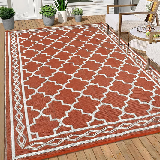 GAOMON Outdoor Plastic Straw Rug, 10'x20' Reversible Sage Green Patio Mat, Flower Modern Design for RV, Backyard, Deck, Camping, Picnic, Orange/White(Geometric)