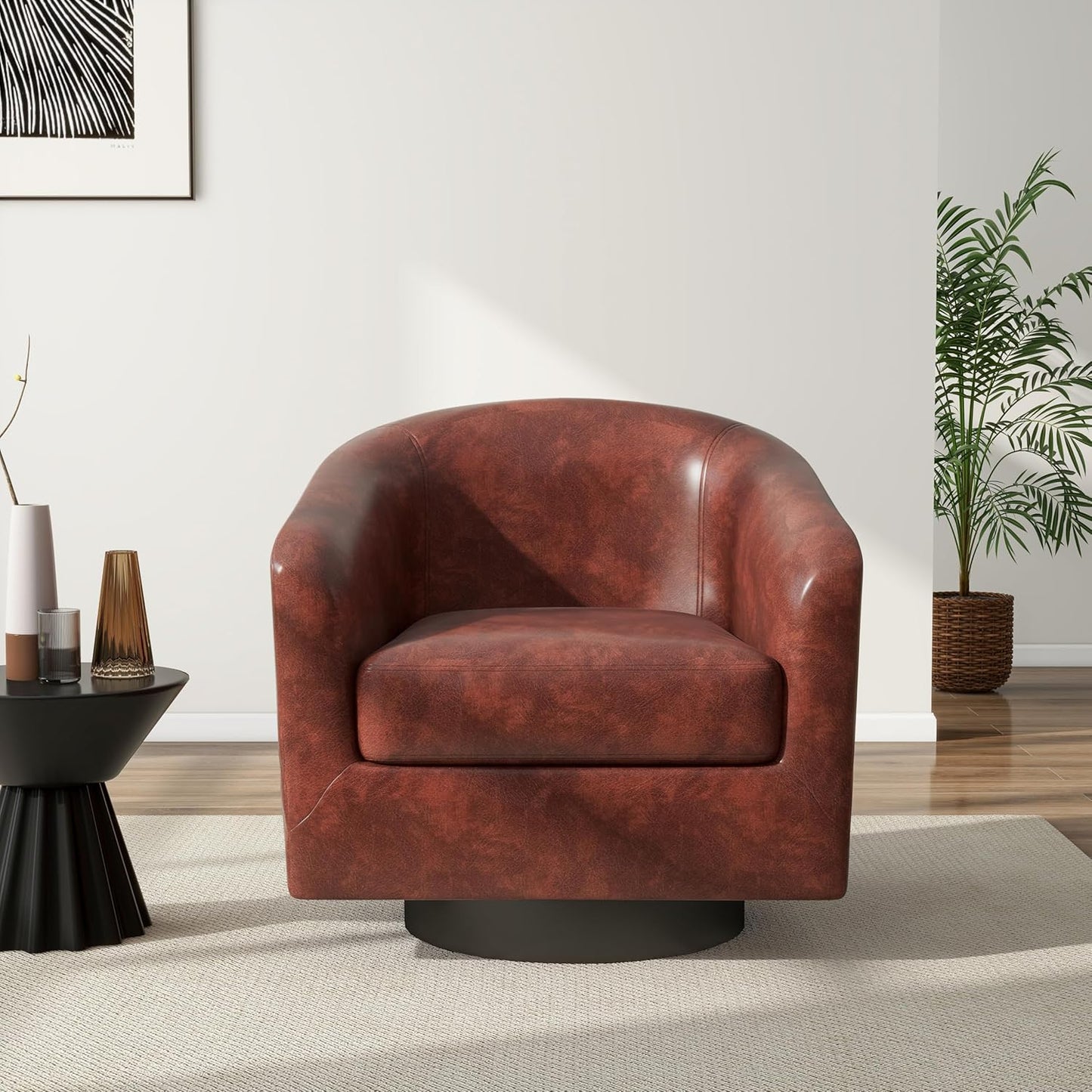 Swivel Barrel Accent Chair, Modern Round Faux Leather Arm Chair for Living Room, Bedroom, Comfy Club Reading Chairs for Adults(Faux Leather, Red Brown, Set of 1)