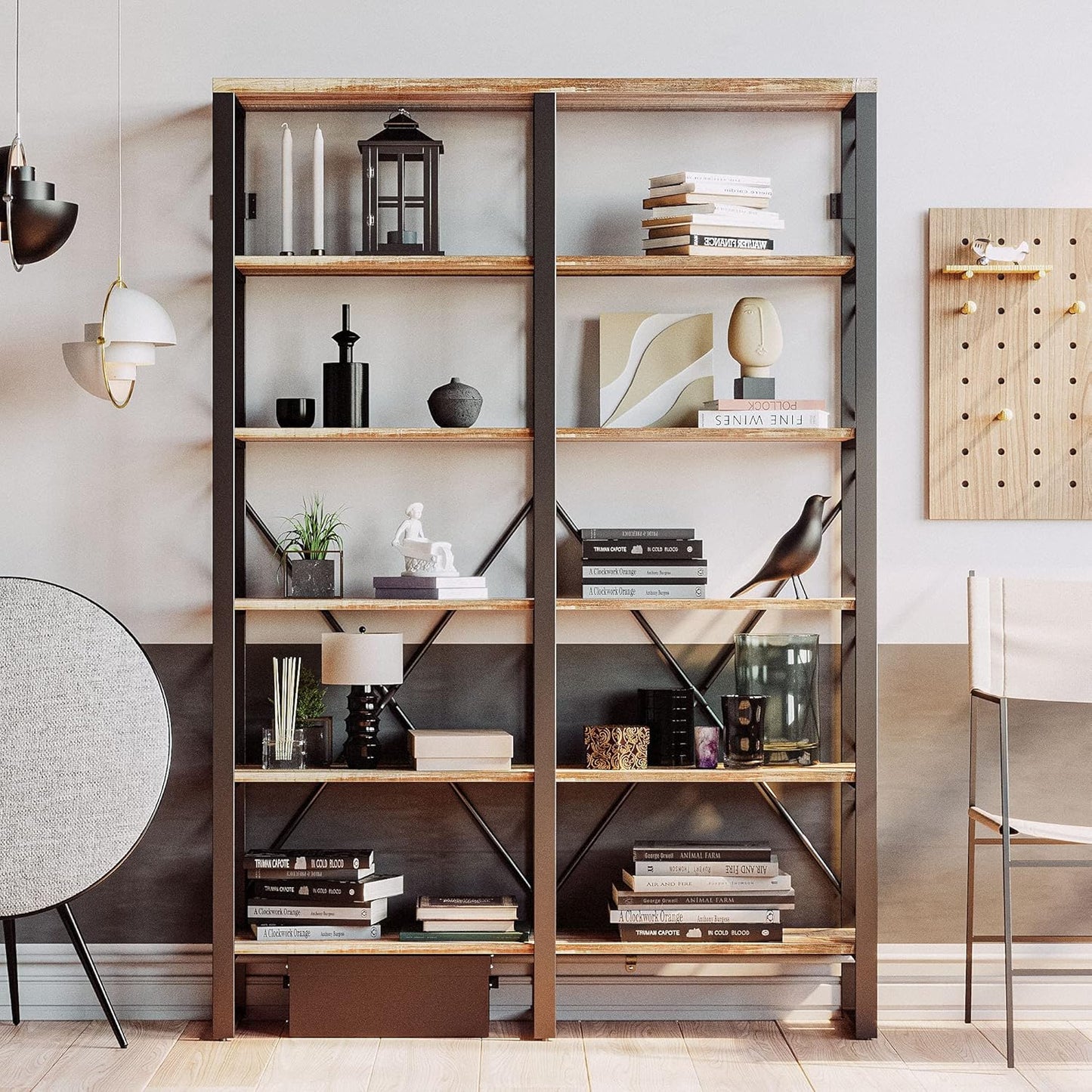 IRONCK Bookshelves Double Wide 6-Tier 76" H, Open Large Bookcase, Industrial Style Shelves for Home Office, Easy Assembly