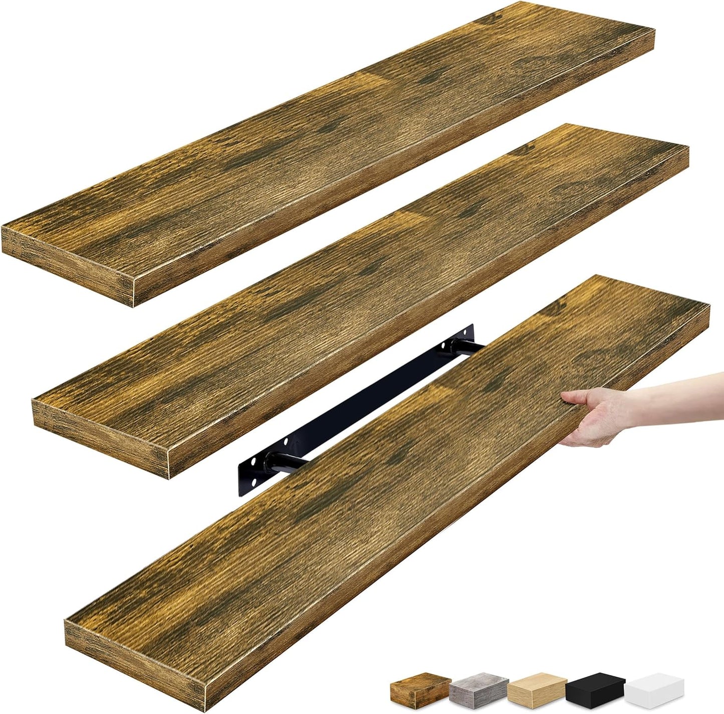 Sorbus Floating Shelves for Wall - 35 Inch Long Bathroom Shelves, Wall Decor for Bedroom, Kitchen, Living Room & Book Storage - Mounted Floating Shelf with Invisible Brackets (Rustic Brown, 3 Pack)