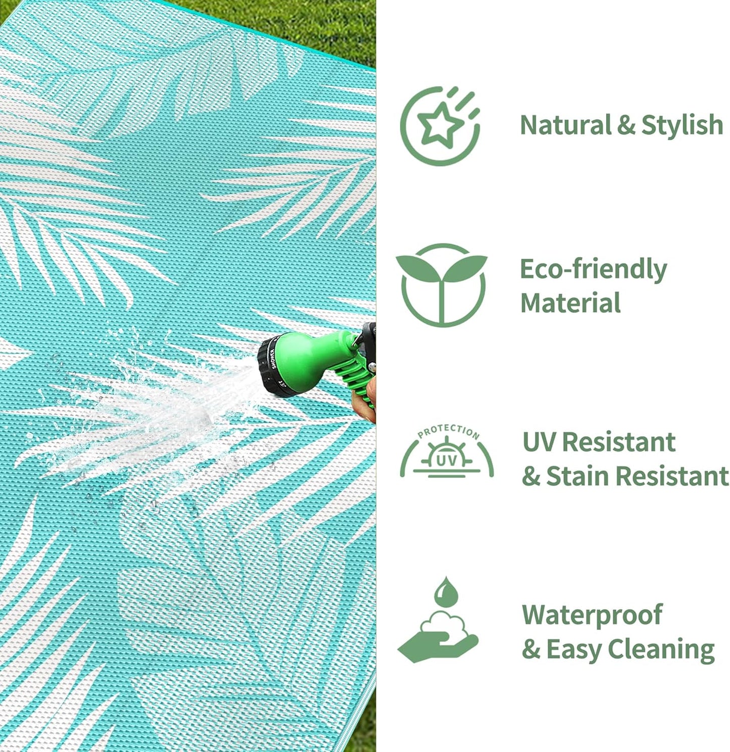 GENIMO Outdoor Rug 9' x 12' Waterproof for Patios Clearance, Reversible Outdoor Plastic Straw Camping Rug Carpet, Large Area Rugs Mats for RV, Camper, Deck, Balcony, Porch, Beach, Aqua Blue&White