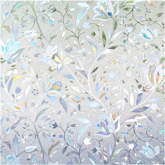 DOWELL Window Privacy Film, 3D Stained Glass Rainbow Films, Decorative Window Vinyl Sun Blocker Door Covering, Static Cling Non-Adhesive Glass Sticker for Home, Blooming Flowers, 23.6"x118.1"