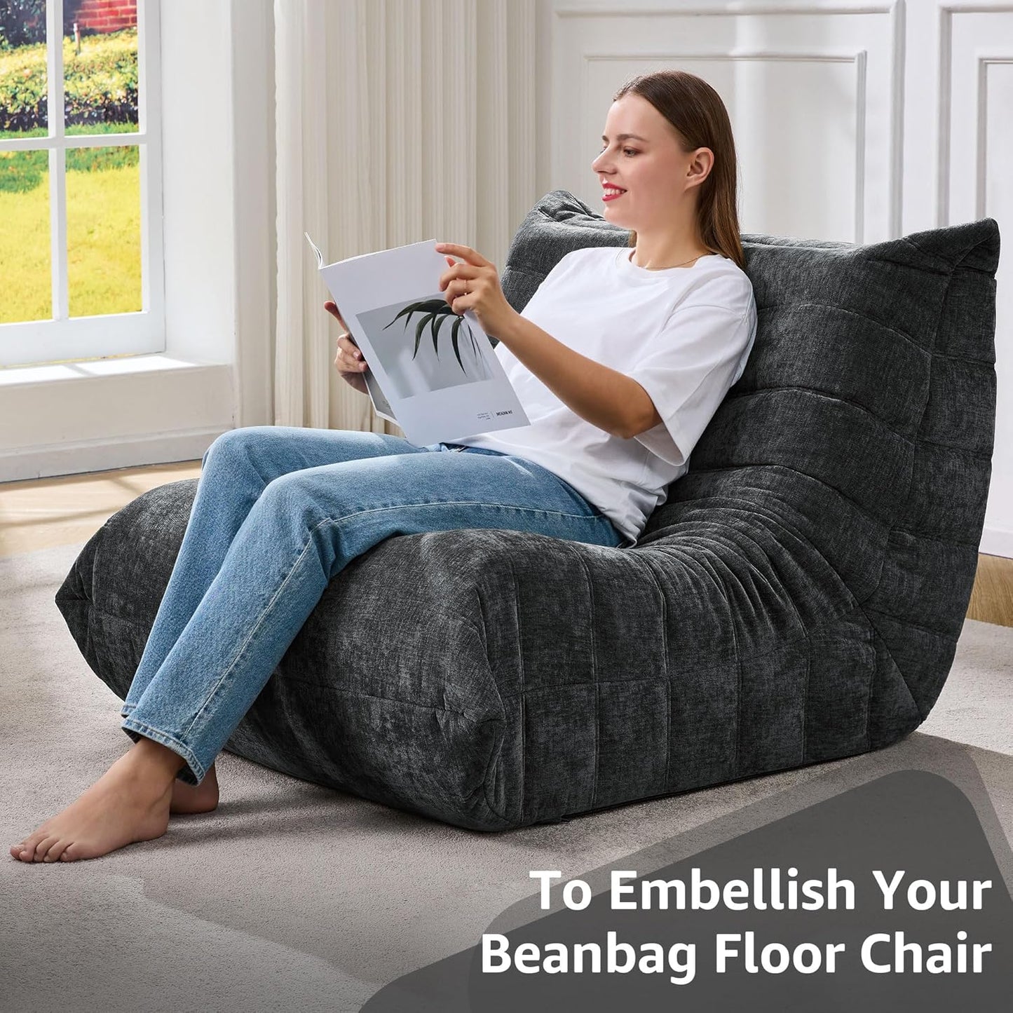 Bean Bag Chairs for Adults Giant Bean Bag Chair Memory Foam BeanBag Chair Big Bean Bag Sofa with Filler Faux Fur Fireside Beanbags Lazy Sofa for Living Room Bedroom Dorm Office (Darkgrey Chenille)