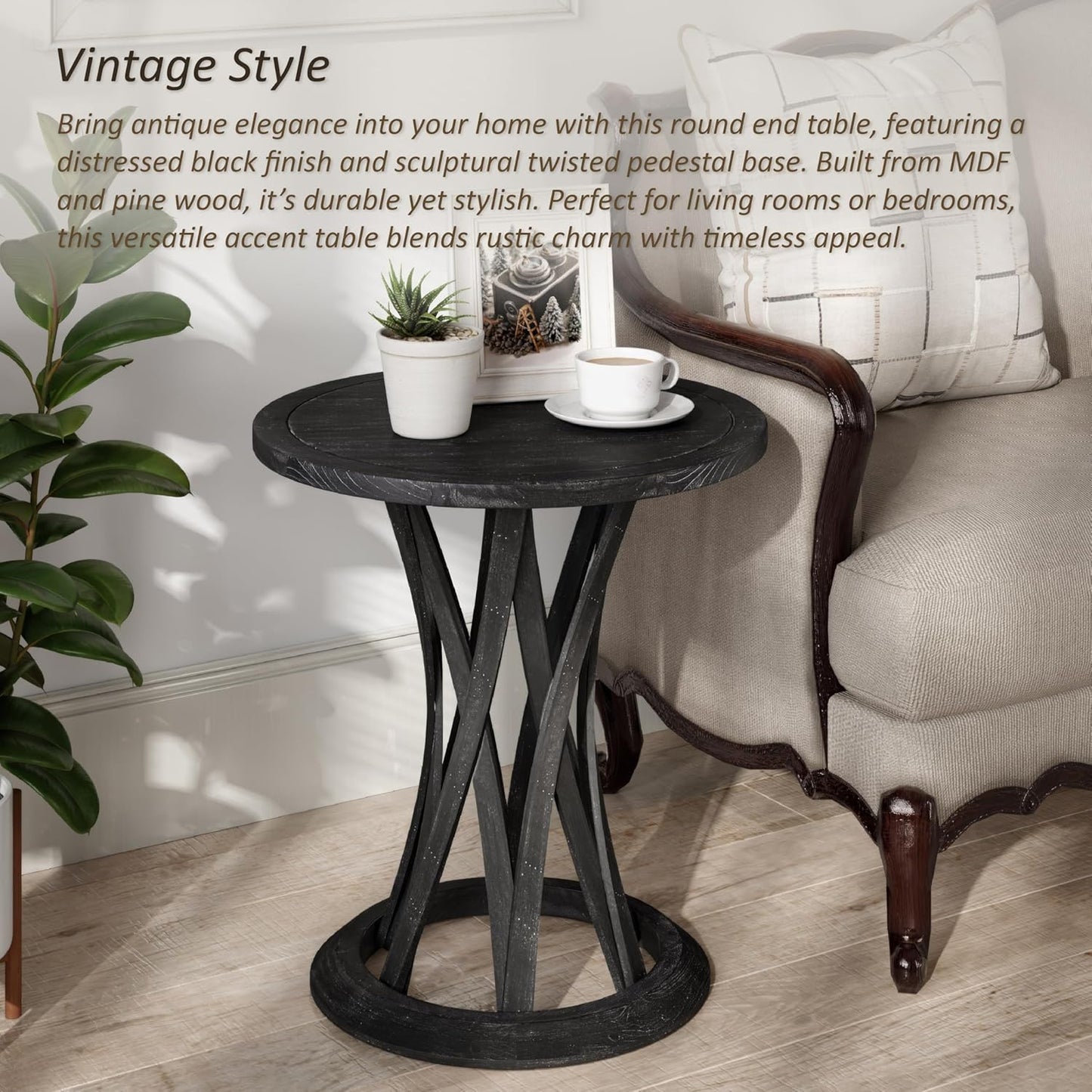 Round Farmhouse End Table with Crisscross Pedestal Base, Distressed Finish Side Table Rustic Accent Table for Living Room, Pine Wood, Black