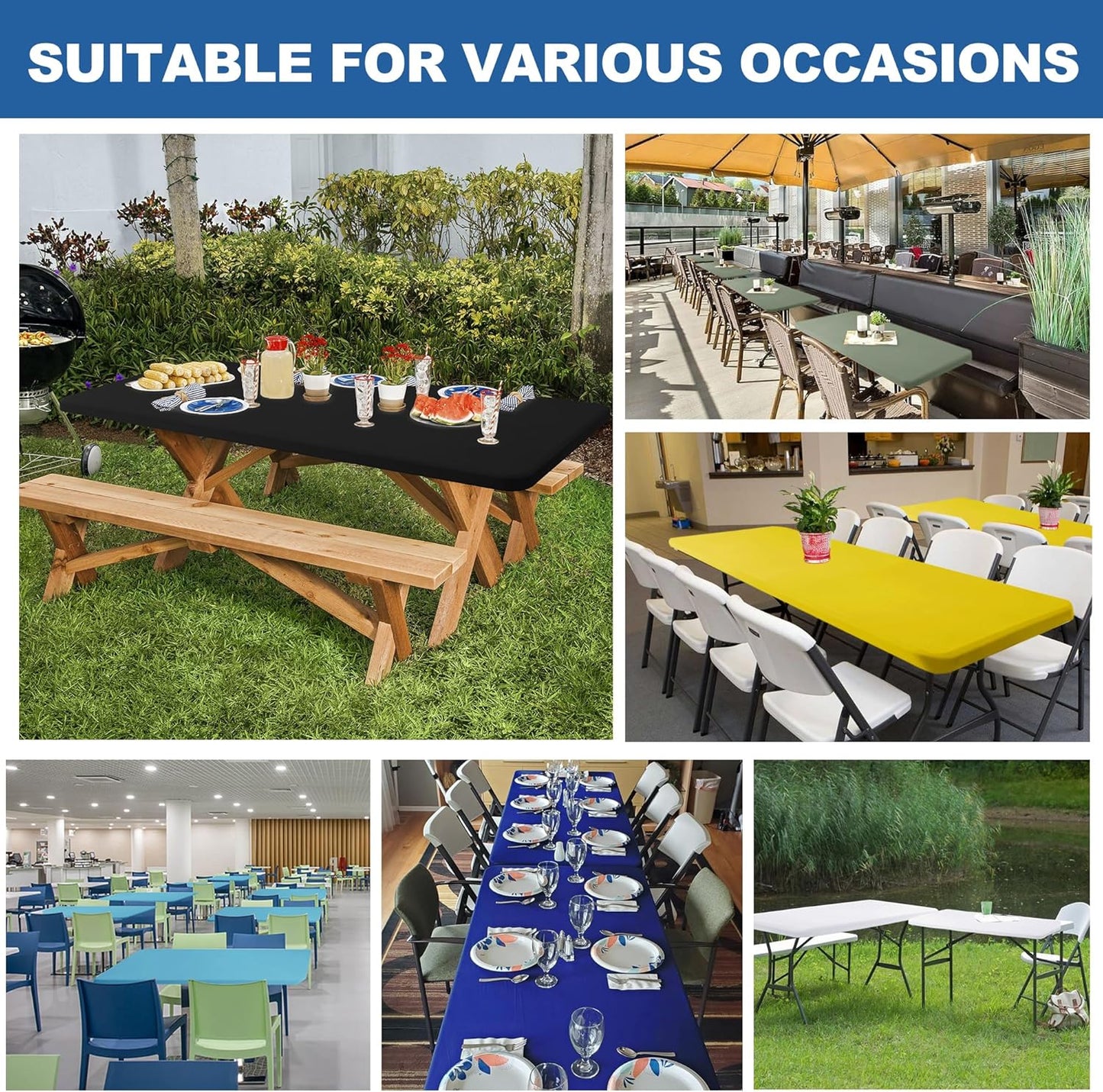 Fitted Tablecloth for 8 Foot Rectangle Tables-6 Pack Green Elastic Outdoor Picnic Table Cover-Spandex Stretch Folding Table Cloths 8ft for Camping Dining Room Patio Kitchen Banquet Party