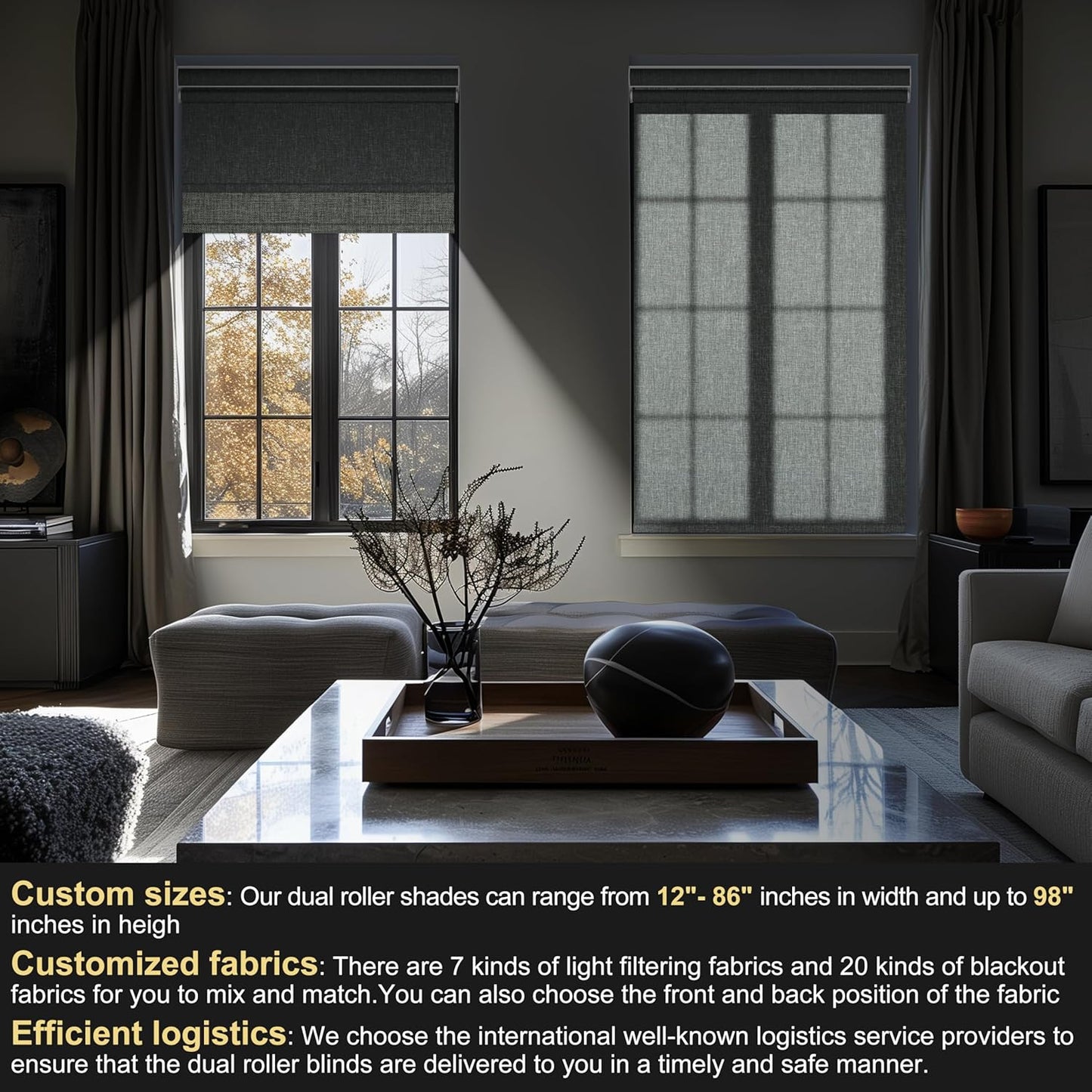 BERISSA Cordless Dual Roller Shades with Cassette Valance, Double Window Shades - Blackout and Light Filtering - Day and Night for Home Office Door. Linen Grey. 64 W x 48" H