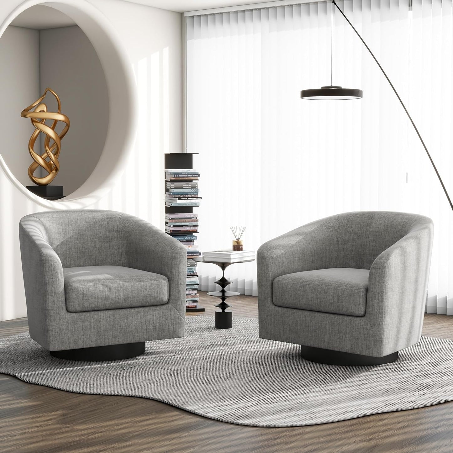 Swivel Barrel Accent Chair Set of 2, Modern Round Linen Arm Chair for Living Room, Bedroom, Comfy Club Reading Chairs for Adults-Linen Fabric Light Grey