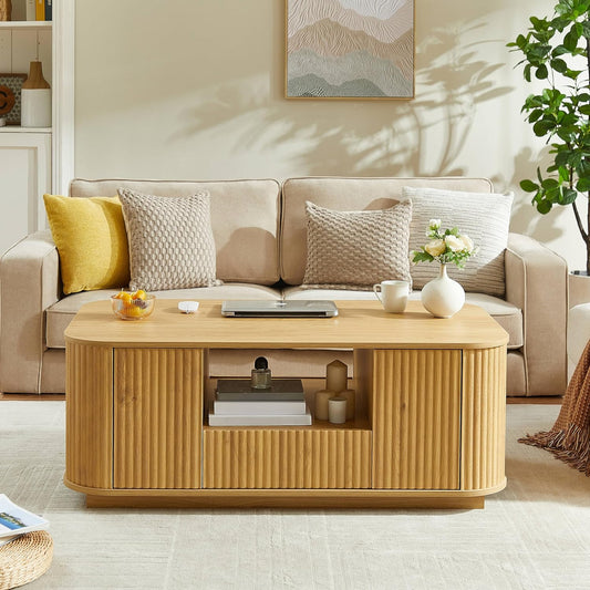 46.5" Oval Coffee Table with Drawers and Storage Mid Century Modern Fluted Solid Wood Side Coffee Tables, Luxury Tea Table Center Table for Living Rooms Offices Apartmen, Natural