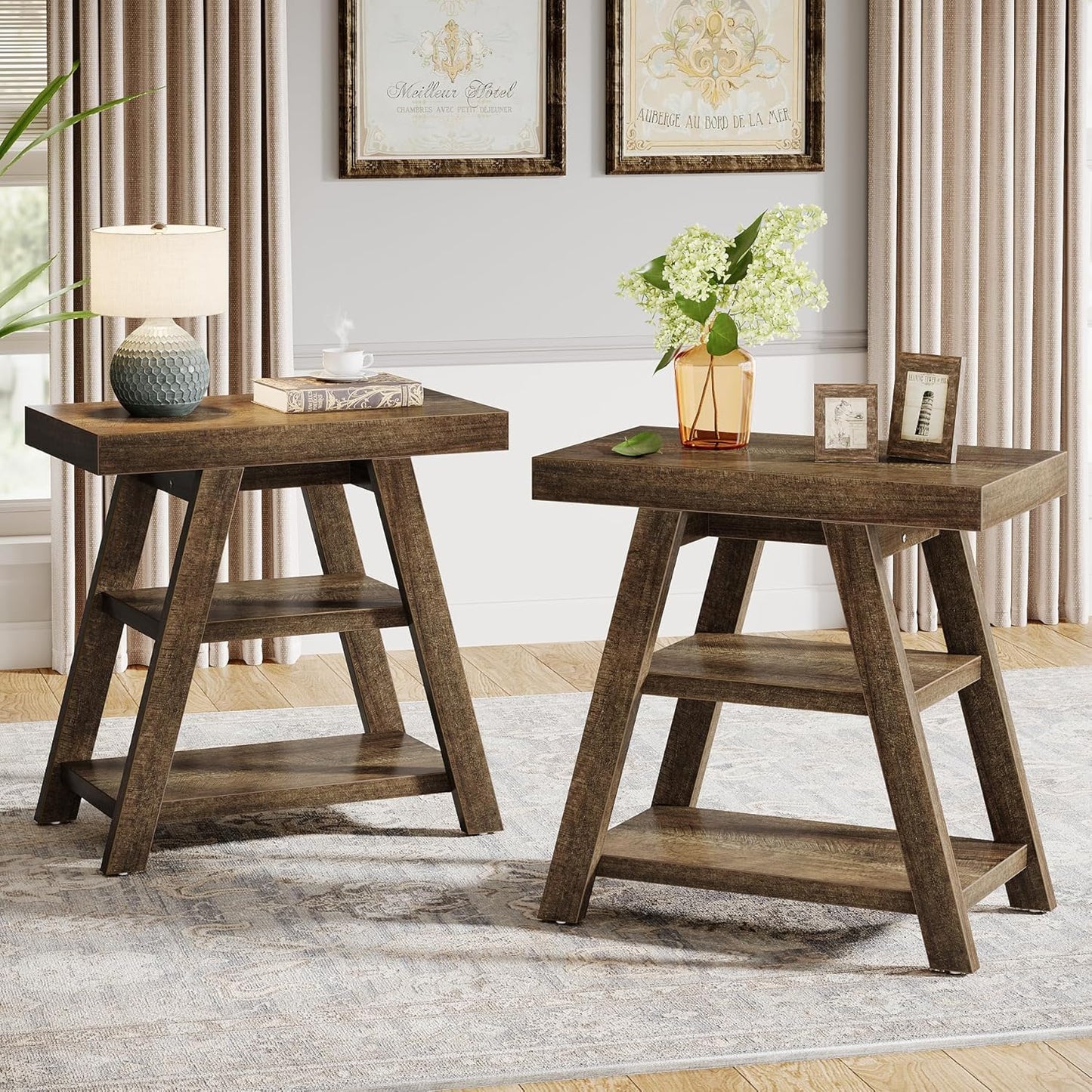 Tribesigns Set of 2 Small Wood Side Table, Farmhouse 3-Tier Narrow Sofa End Table with Storage, Vintage Couch Side Table for Living Room, Wooden Bedside Table for Bedroom, Small Spaces, Rustic Brown