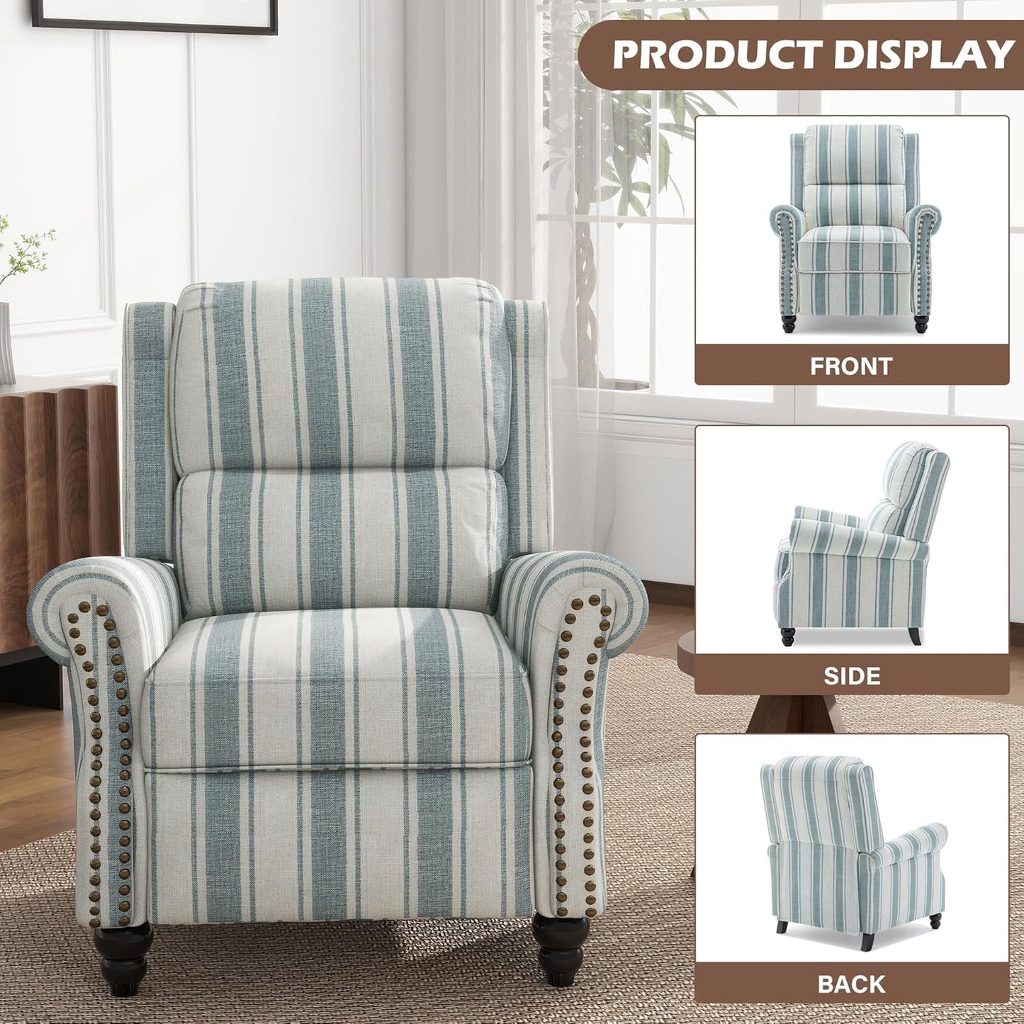UIXE Pushback Recliner Chairs Set of 2, Fabric Armchair Push Back Accent Chair, Rivet Trim Club Chair Home Theater Overstuffed Single Sofa Reading Seat for Living Room, Stripe Blue
