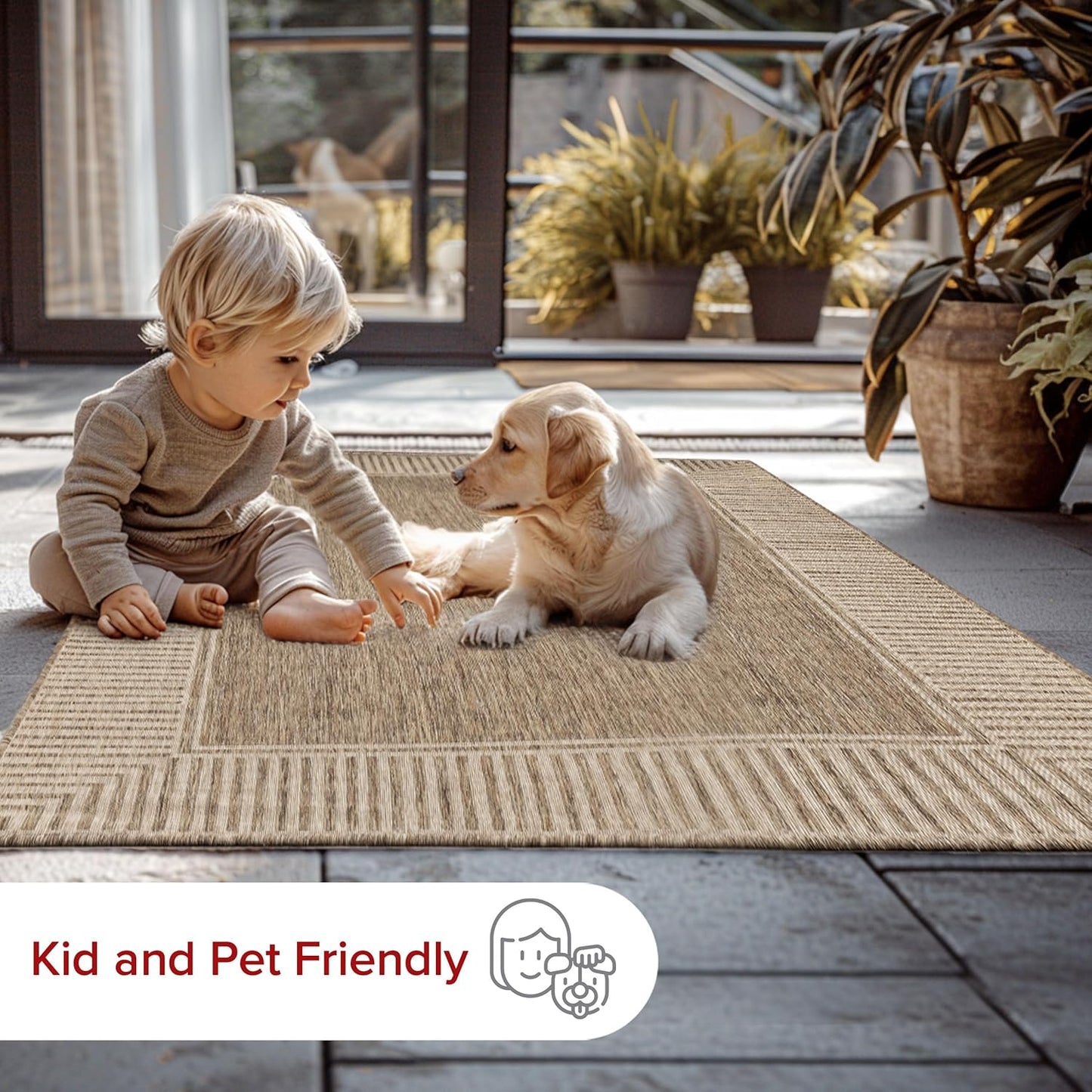 nuLOOM 9'6" x 12' Outdoor Area Rug, Casual Design With Striped Border, Stain Resistant, Highly Durable, For Patio, Balcony, Bedroom, Living Room, Dining Room, Bathroom, Light Brown