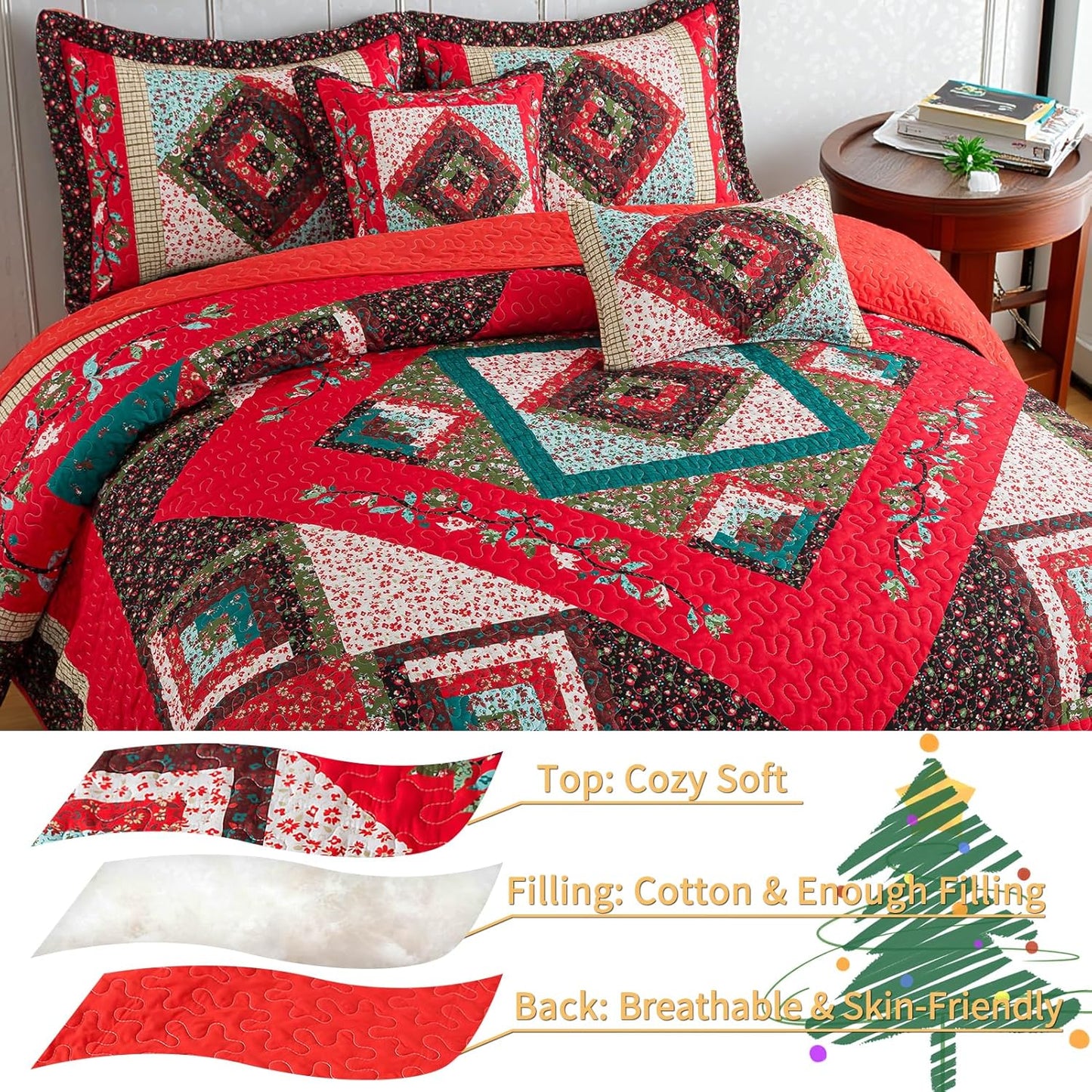 VAPUTAR Cotton Queen Quilt - Christmas Queen Size Quilt Bedding Set for Bed - Lightweight Farmhouse Bedspread with 2 Pillow Shams, 90x98 Inch All-Season Coverlet