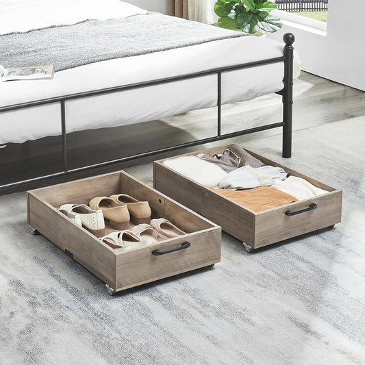 Under Bed Storage with Wheels, 2-Pack Under Bed Shoe Storage Organizer Drawer, Composite Wood Organizer for Shoes Clothes Containers in Bedroom for Clothes,Shoes(Grey)