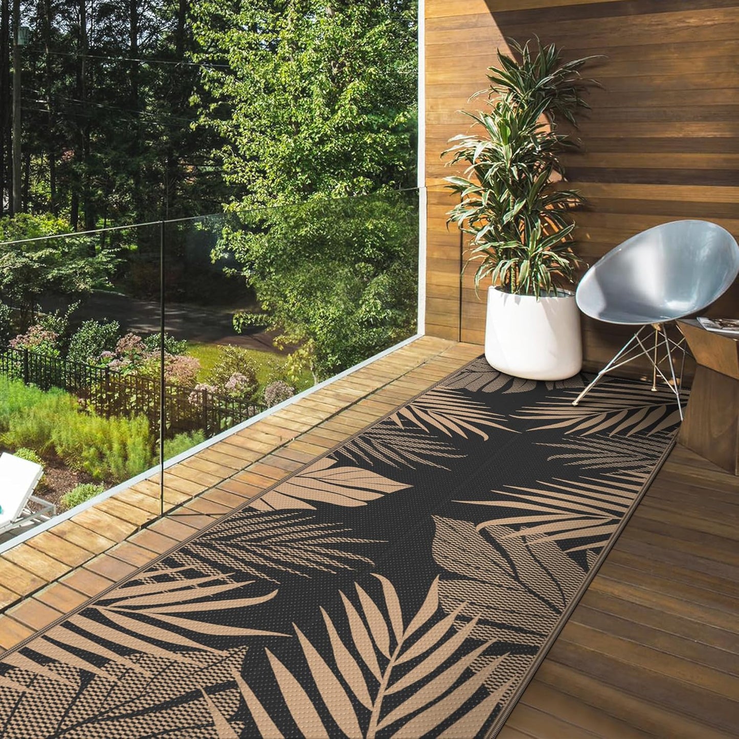 GENIMO Outdoor Rug 2.5' x 8' Waterproof for Patios Clearance, Reversible Outdoor Plastic Straw Camping Rug Carpet, Large Area Rugs Mats for RV, Camper, Deck, Balcony, Porch, Beach, Picnic, Black&Brown