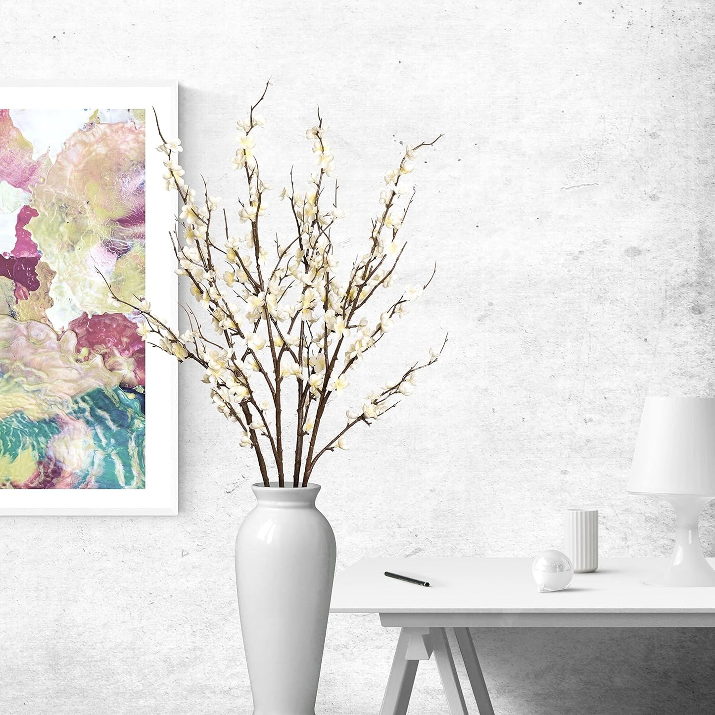4Pcs Cherry Blossom Branches Artificial Flowers for Spring Summer Indoor Decoration,Faux Long Stem Artificial Flowers for Wedding Home Office Bedroom Party Table Centerpieces Decor(White)